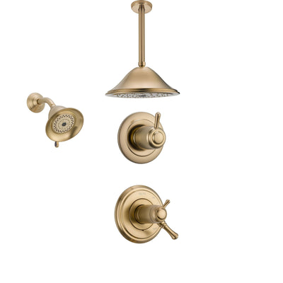 Delta Cassidy Champagne Bronze Shower System with Thermostatic Shower Handle, 3-setting Diverter, Large Ceiling Mount Rain Showerhead, and Wall Mount Showerhead SS17T9783CZ