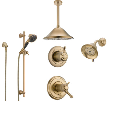 Delta Cassidy Champagne Bronze Shower System with Thermostatic Shower Handle, 6-setting Diverter, Large Ceiling Mount Rain Showerhead, Wall Mount Shower Head, and Handheld Shower Spray SS17T9793CZ