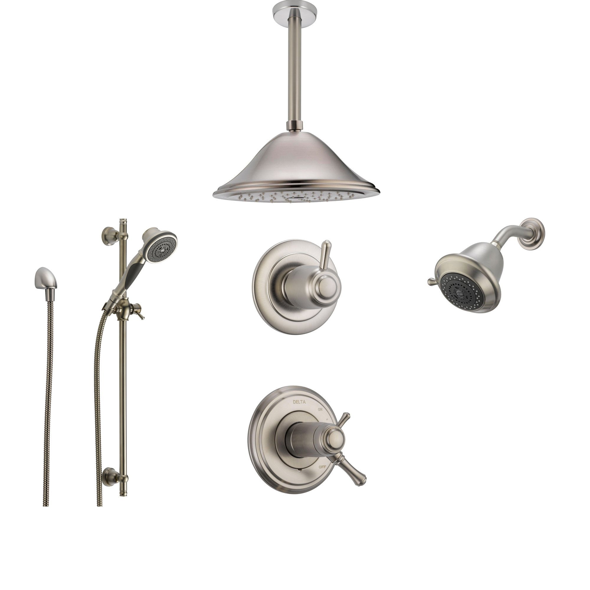 Delta Cassidy Stainless Steel Shower System with Thermostatic Shower Handle, 6-setting Diverter, Large Ceiling Mount Rain Showerhead, Handheld Shower, and Wallmount Showerhead SS17T9793SS