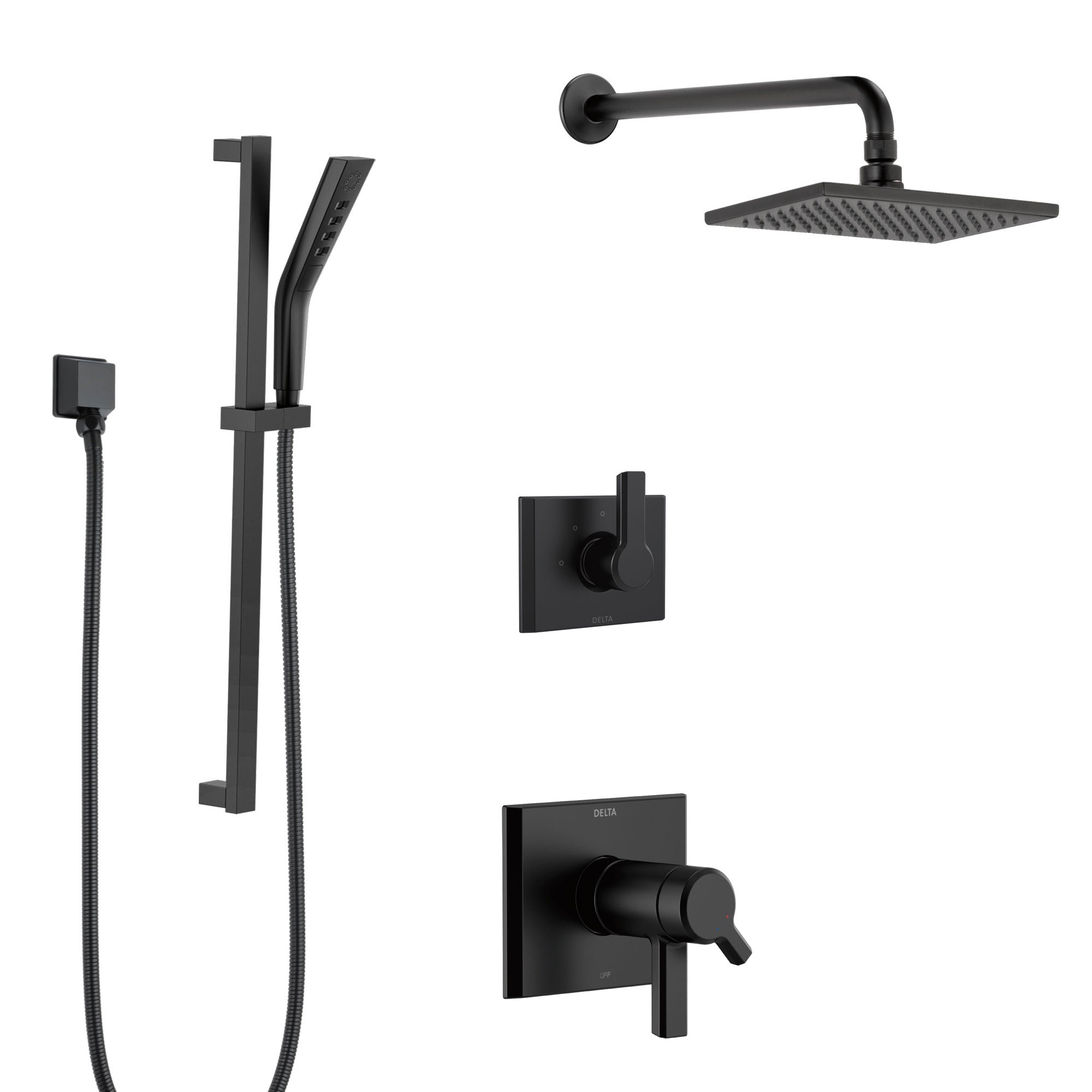 Delta Pivotal Matte Black Finish Thermostatic Shower System with Diverter, Wall Mount Rain Showerhead, and Hand Shower with Slidebar SS17T993BL4