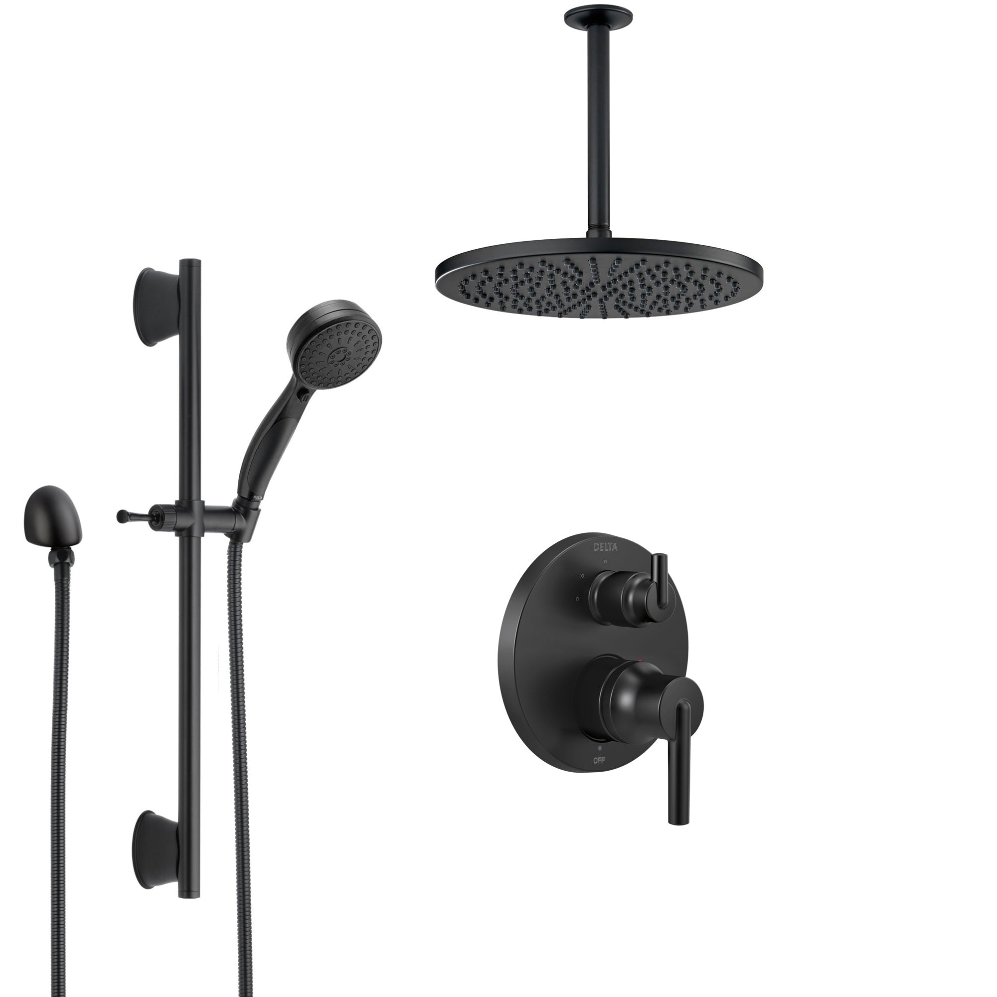 Delta Trinsic Matte Black Finish Integrated Diverter Shower System with Hand Sprayer on Slidebar and Large Rain Ceiling Mount Showerhead SS24859BL2