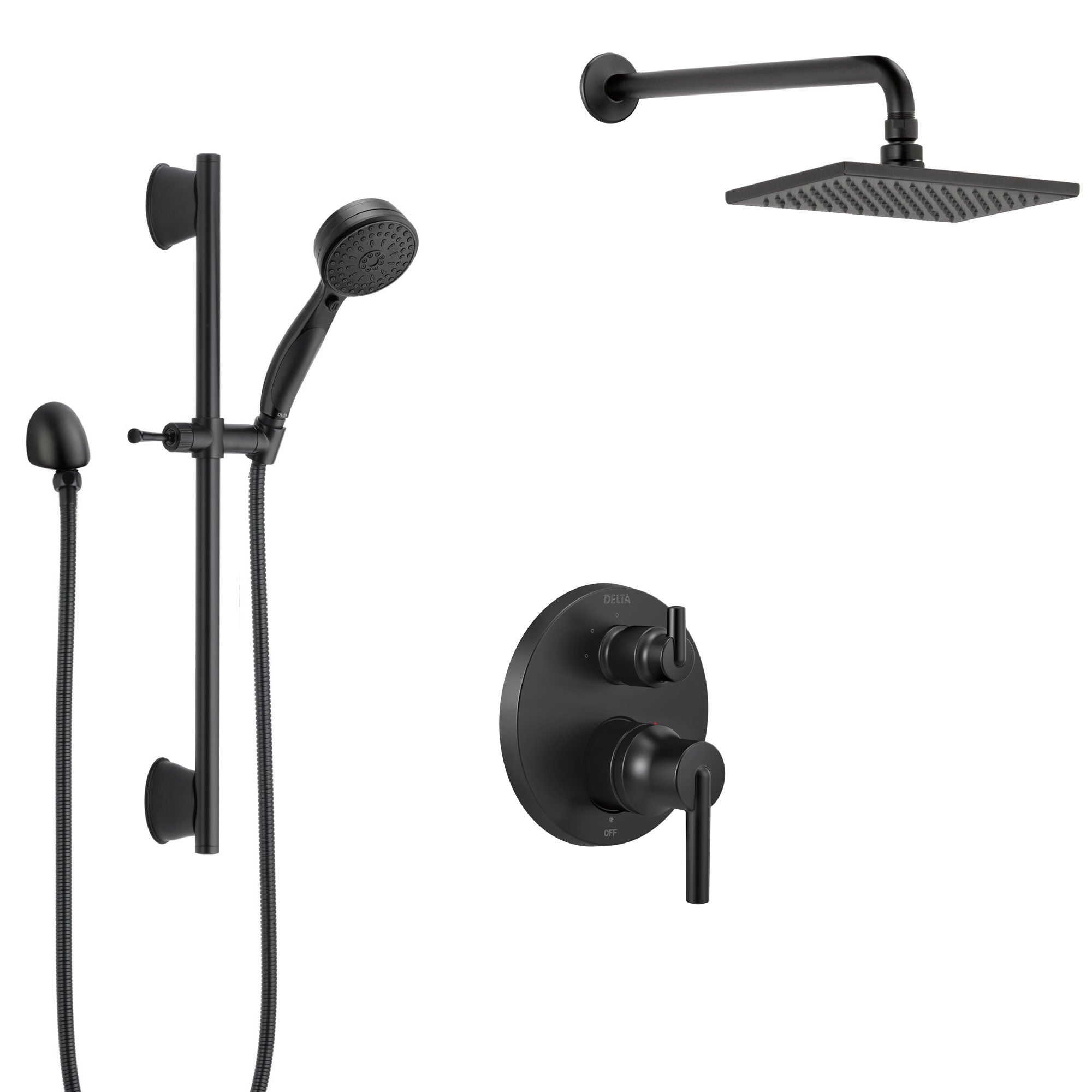 Delta Trinsic Matte Black Finish Shower System with Integrated Diverter, Modern Wall Mount Rain Showerhead, and Hand Shower with Slide Bar SS24859BL4