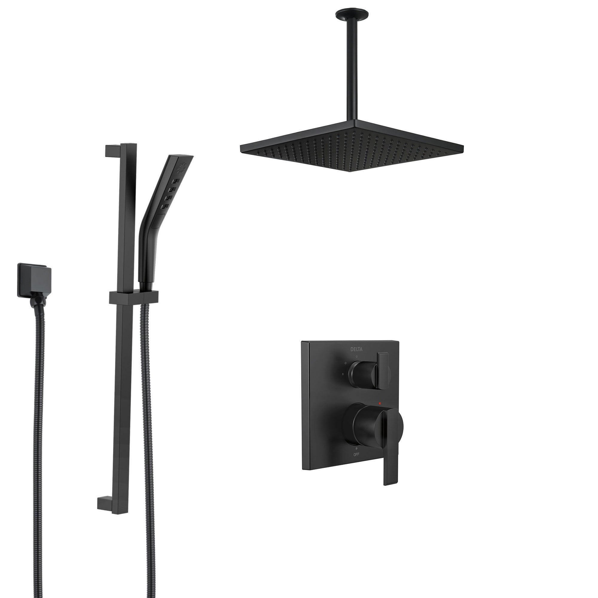 Delta Ara Matte Black Modern Shower System with Integrated Diverter with Hand Sprayer and Slide Bar + Large Square Ceiling Mount Showerhead SS24867BL2