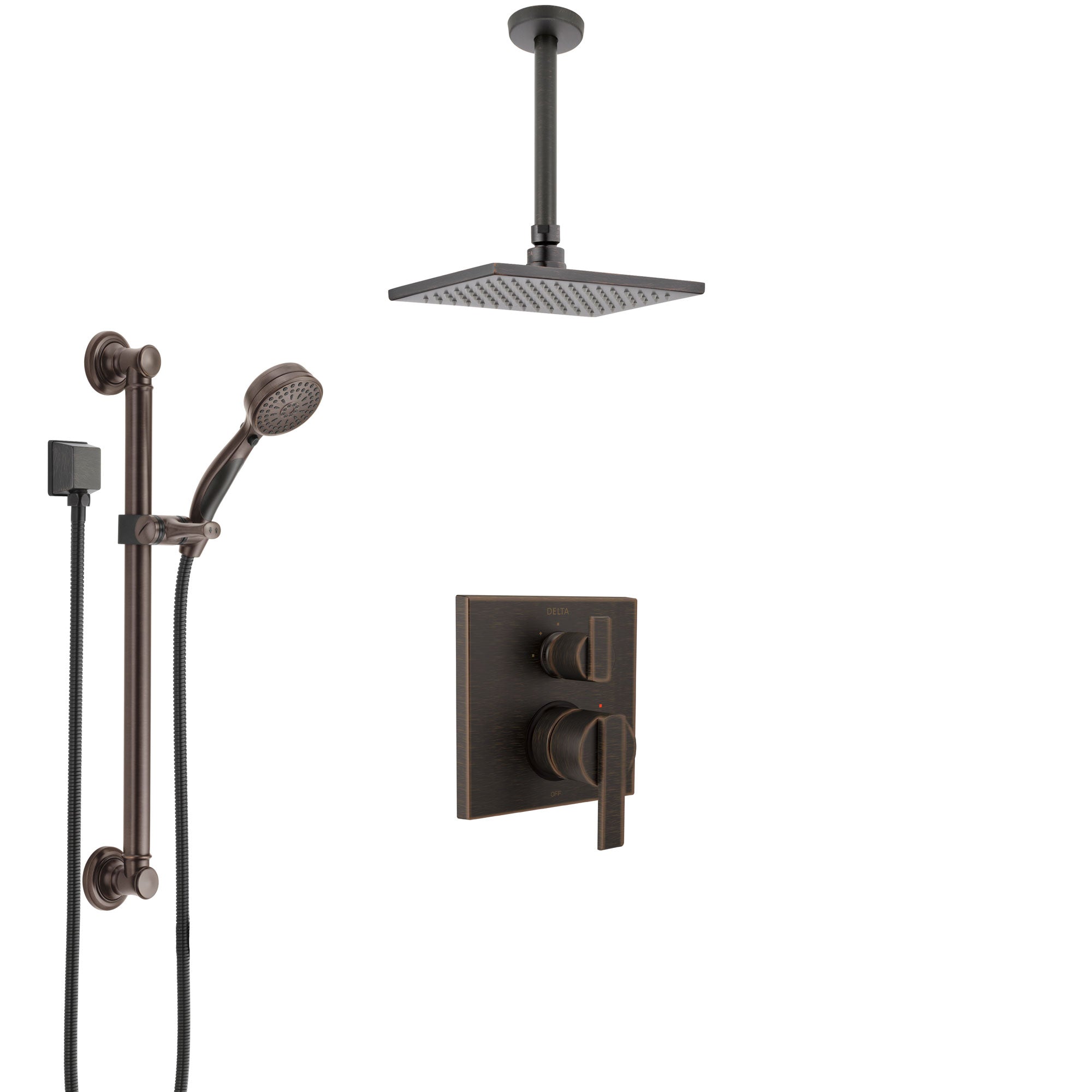 Delta Ara Venetian Bronze Shower System with Control Handle, Integrated Diverter, Ceiling Mount Showerhead, and Hand Shower with Grab Bar SS24867RB1