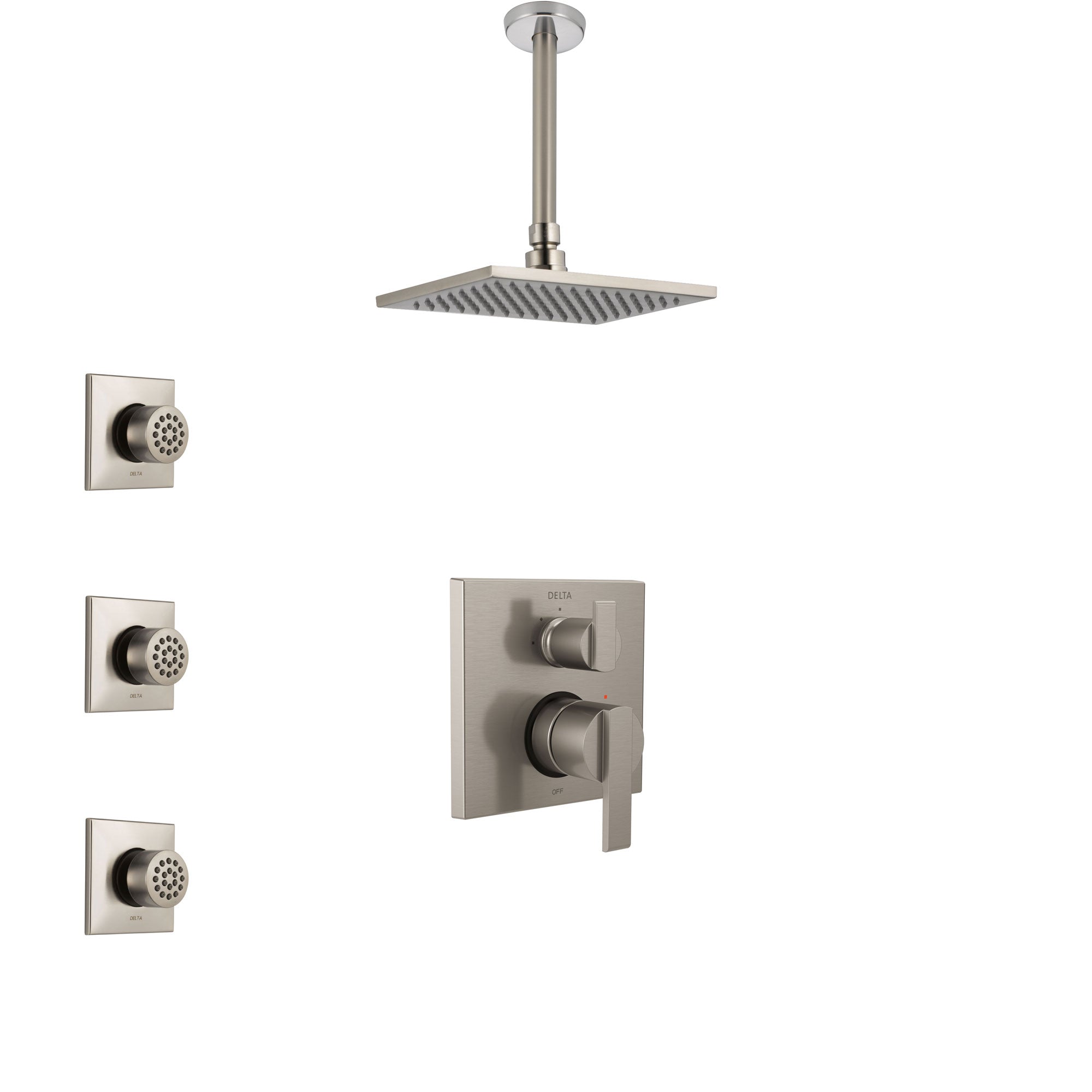 Delta Ara Stainless Steel Finish Shower System with Control Handle, Integrated Diverter, Ceiling Mount Showerhead, and 3 Body Sprays SS24867SS11