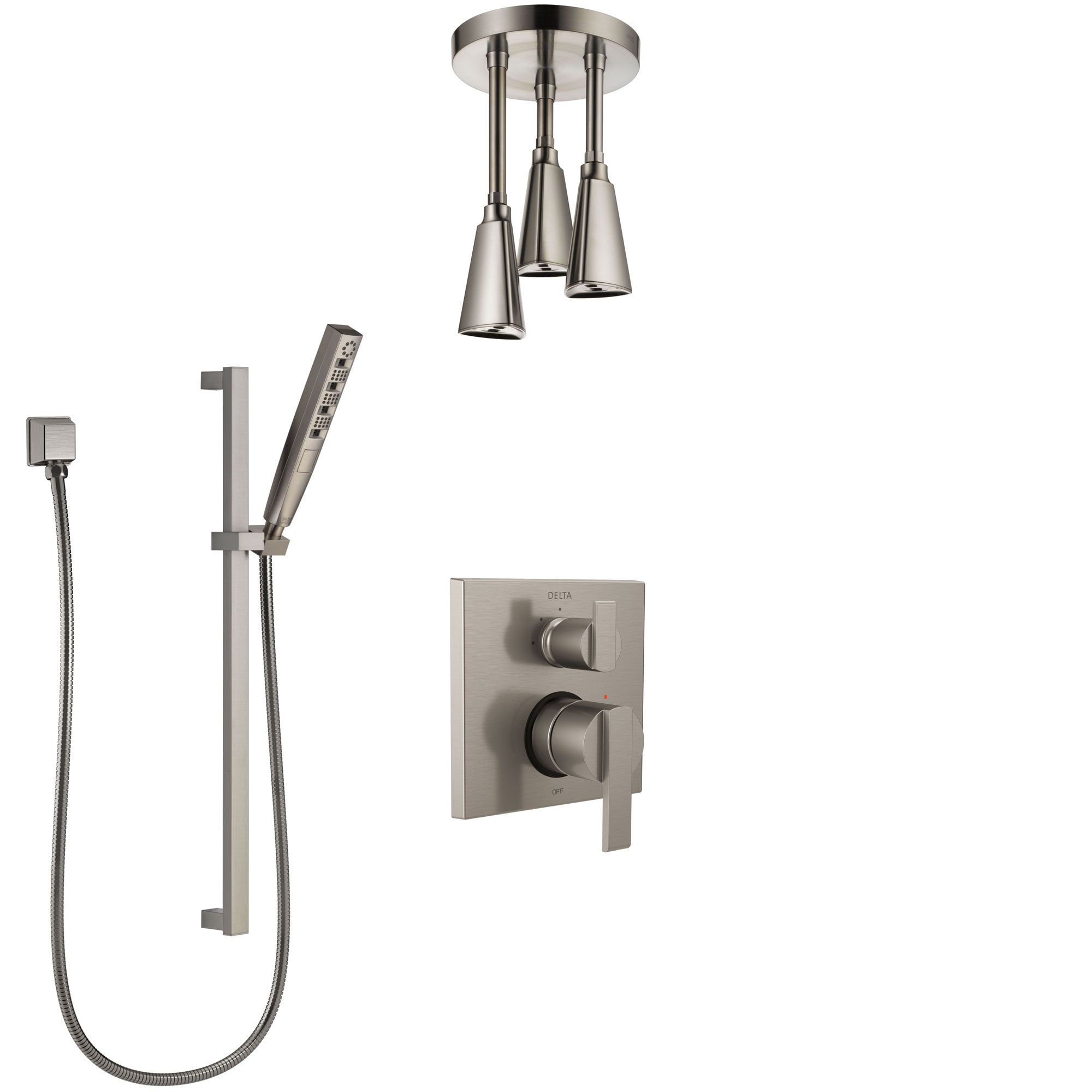 Delta Ara Stainless Steel Finish Shower System with Control Handle, Integrated Diverter, Ceiling Mount Showerhead, and Hand Shower SS24867SS6