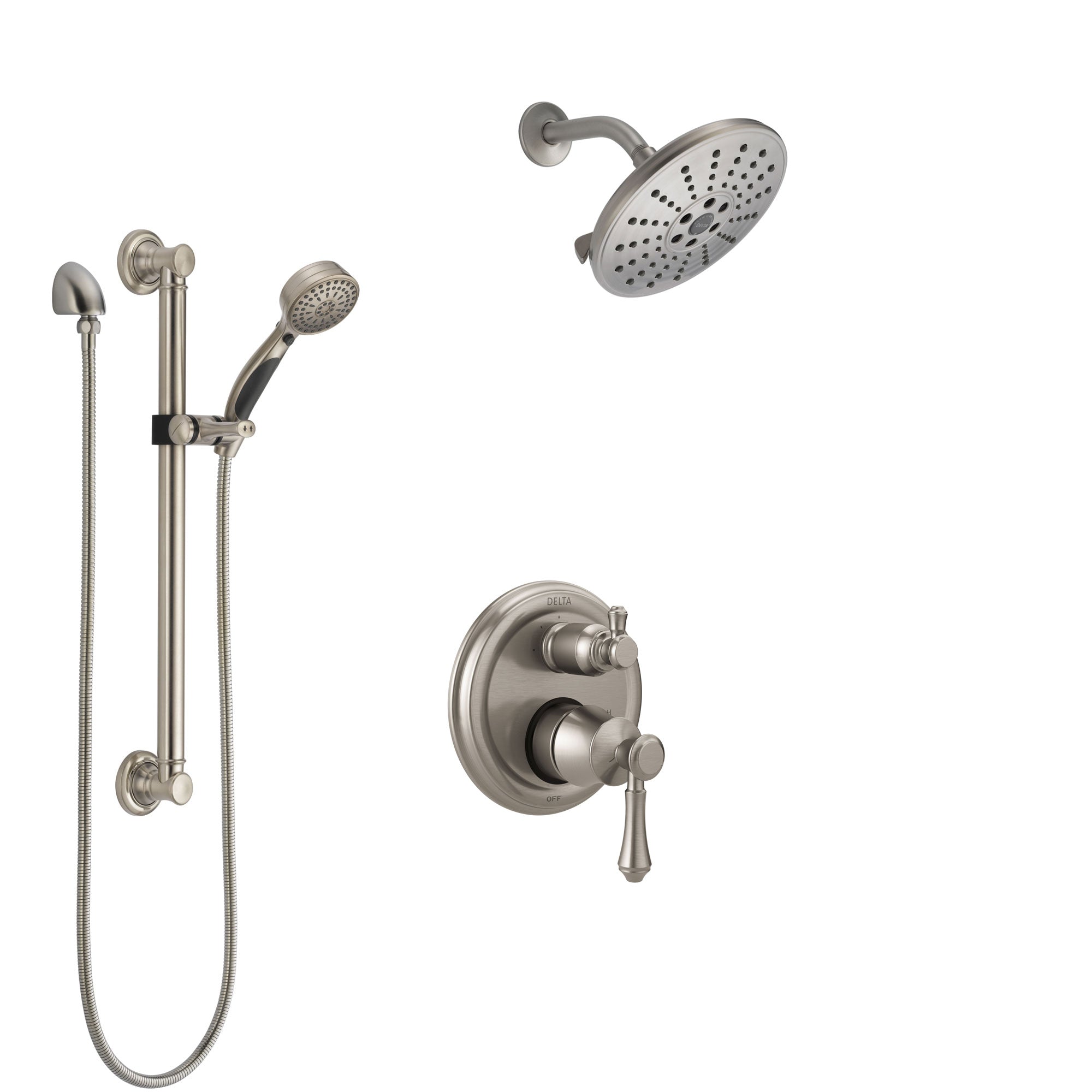 Delta Cassidy Stainless Steel Finish Shower System with Control Handle, Integrated Diverter, Showerhead, and Hand Shower with Grab Bar SS24897SS12