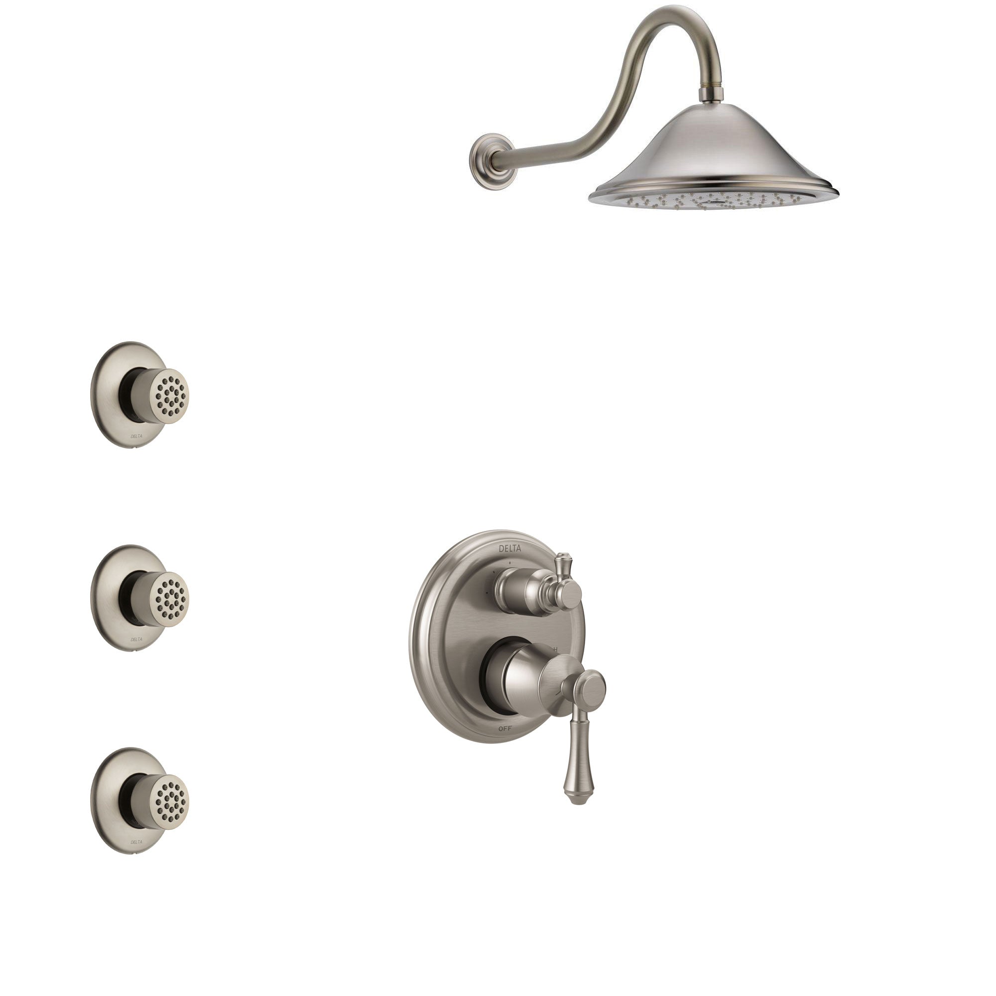 Delta Cassidy Stainless Steel Finish Shower System with Control Handle, Integrated 3-Setting Diverter, Showerhead, and 3 Body Sprays SS24897SS3