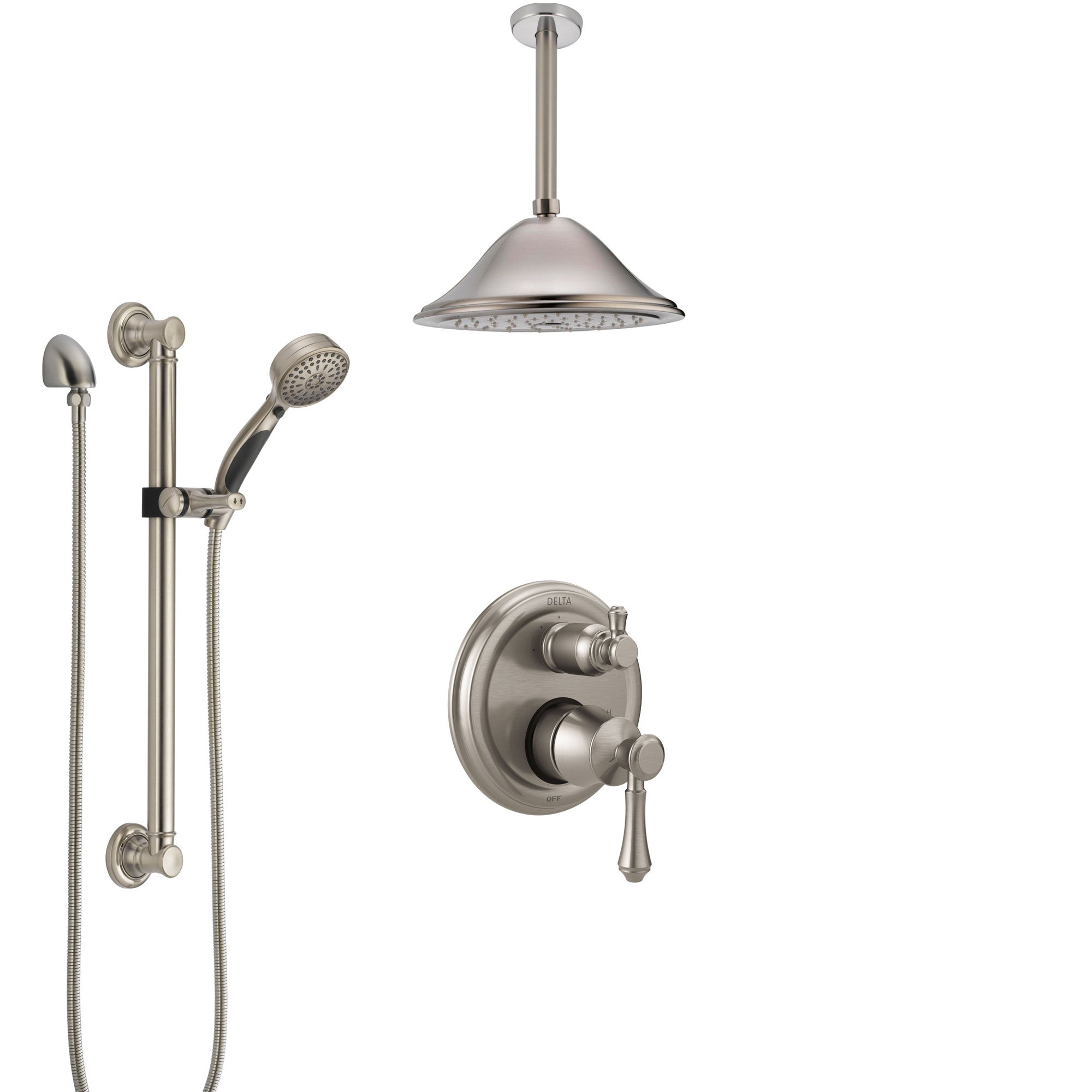 Delta Cassidy Stainless Steel Finish Shower System with Control Handle, Integrated Diverter, Ceiling Showerhead, and Grab Bar Hand Shower SS24897SS8