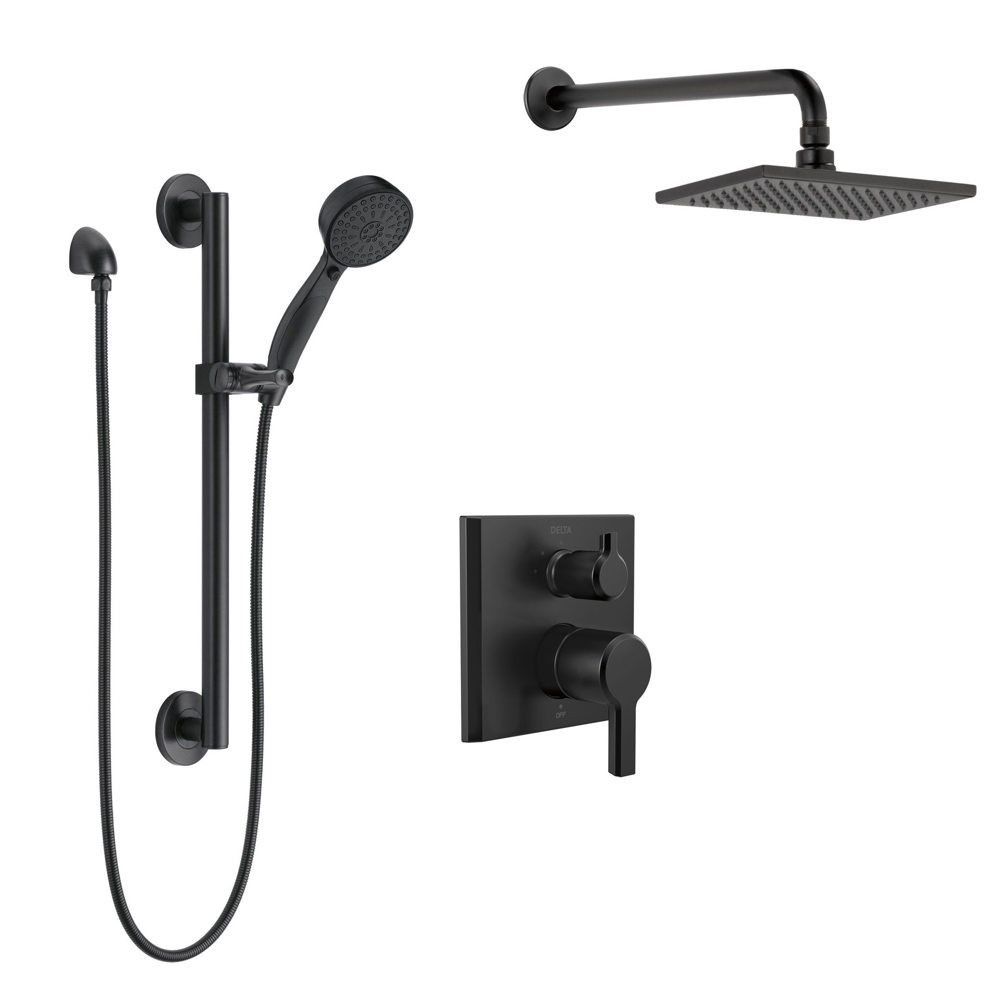 Delta Pivotal Matte Black Finish Shower System with Integrated Diverter, Modern Wall Mount Rain Showerhead, and Grab Bar Slide Hand Sprayer SS24899BL3