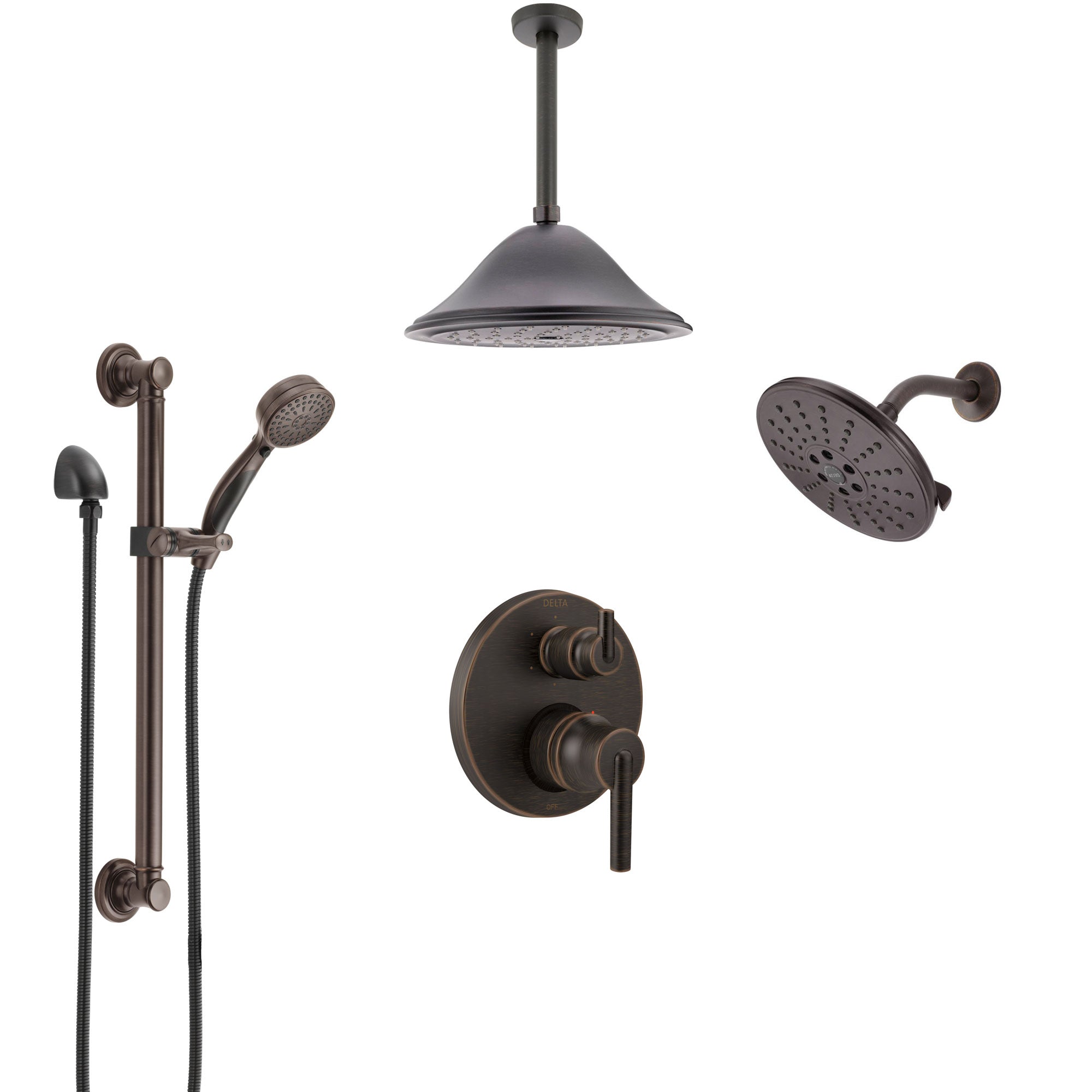 Delta Trinsic Venetian Bronze Integrated Diverter Shower System Control Handle, Showerhead, Ceiling Showerhead, and Grab Bar Hand Shower SS24959RB7