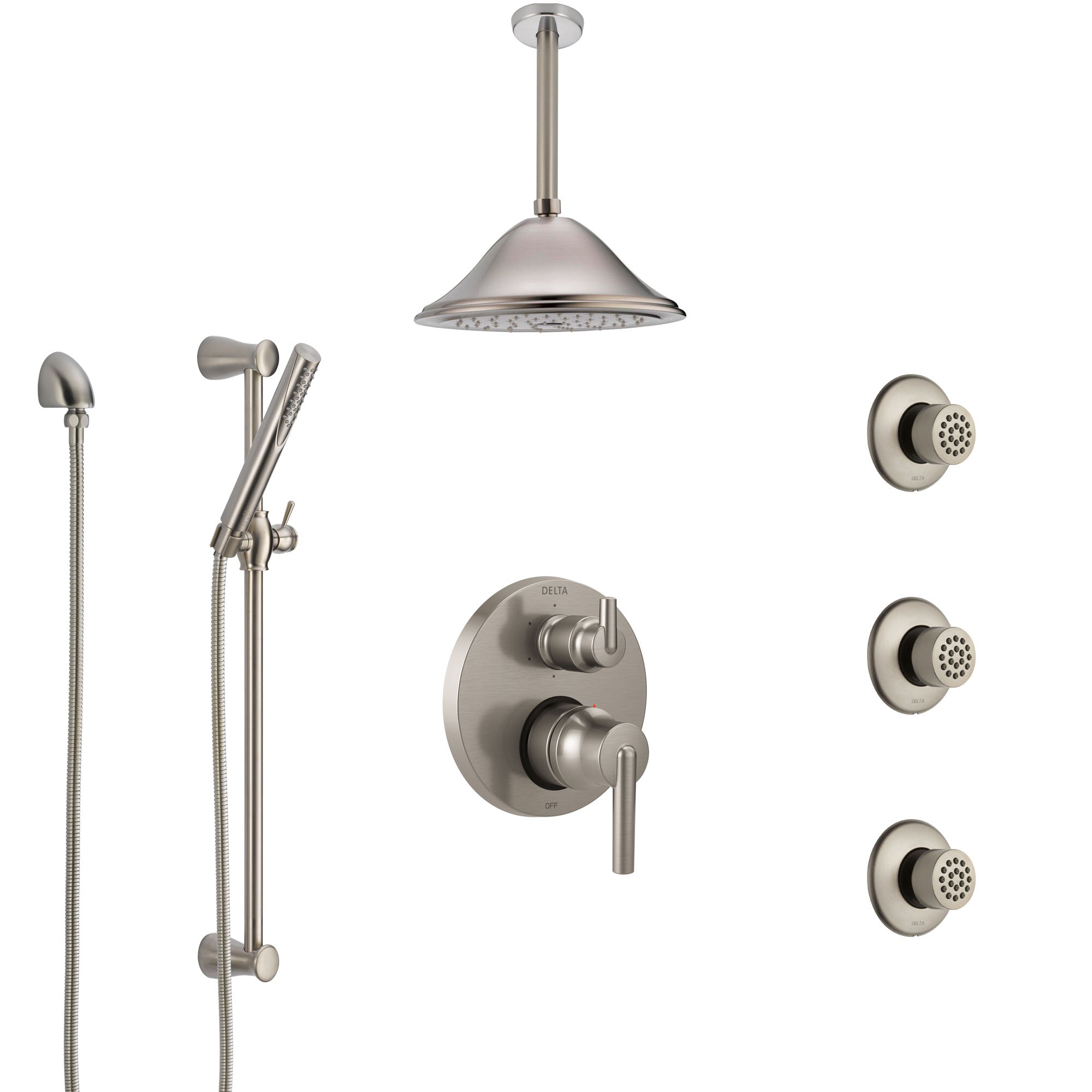 Delta Trinsic Stainless Steel Finish Integrated Diverter Shower System Control Handle, Ceiling Showerhead, 3 Body Sprays, and Hand Shower SS24959SS7