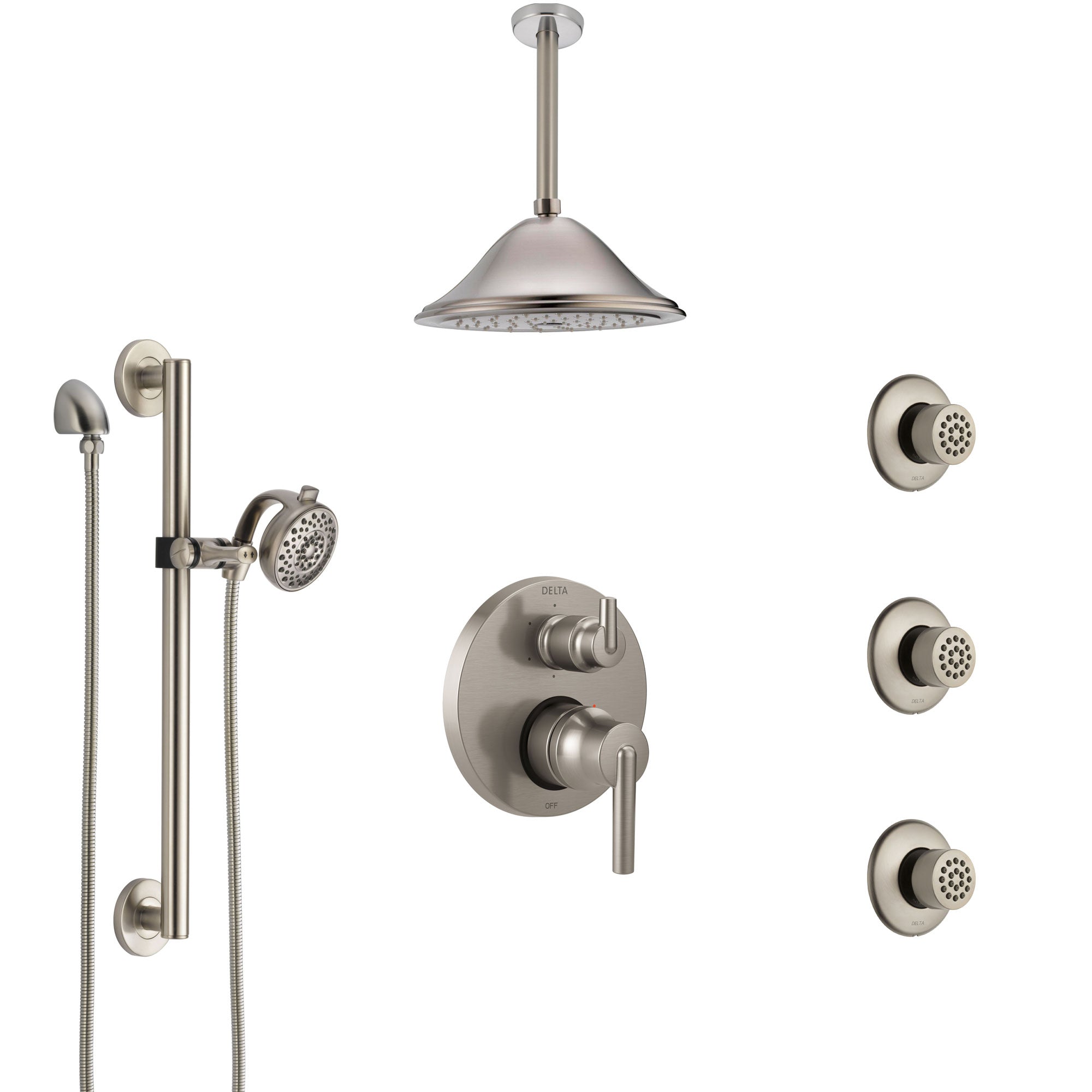 Delta Trinsic Stainless Steel Finish Integrated Diverter Shower System Control Handle, Ceiling Showerhead, 3 Body Jets, Grab Bar Hand Spray SS24959SS8