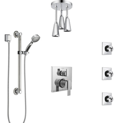 Delta Ara Chrome Shower System with Control Handle, Integrated Diverter, Ceiling Mount Showerhead, 3 Body Sprays, and Grab Bar Hand Shower SS249675