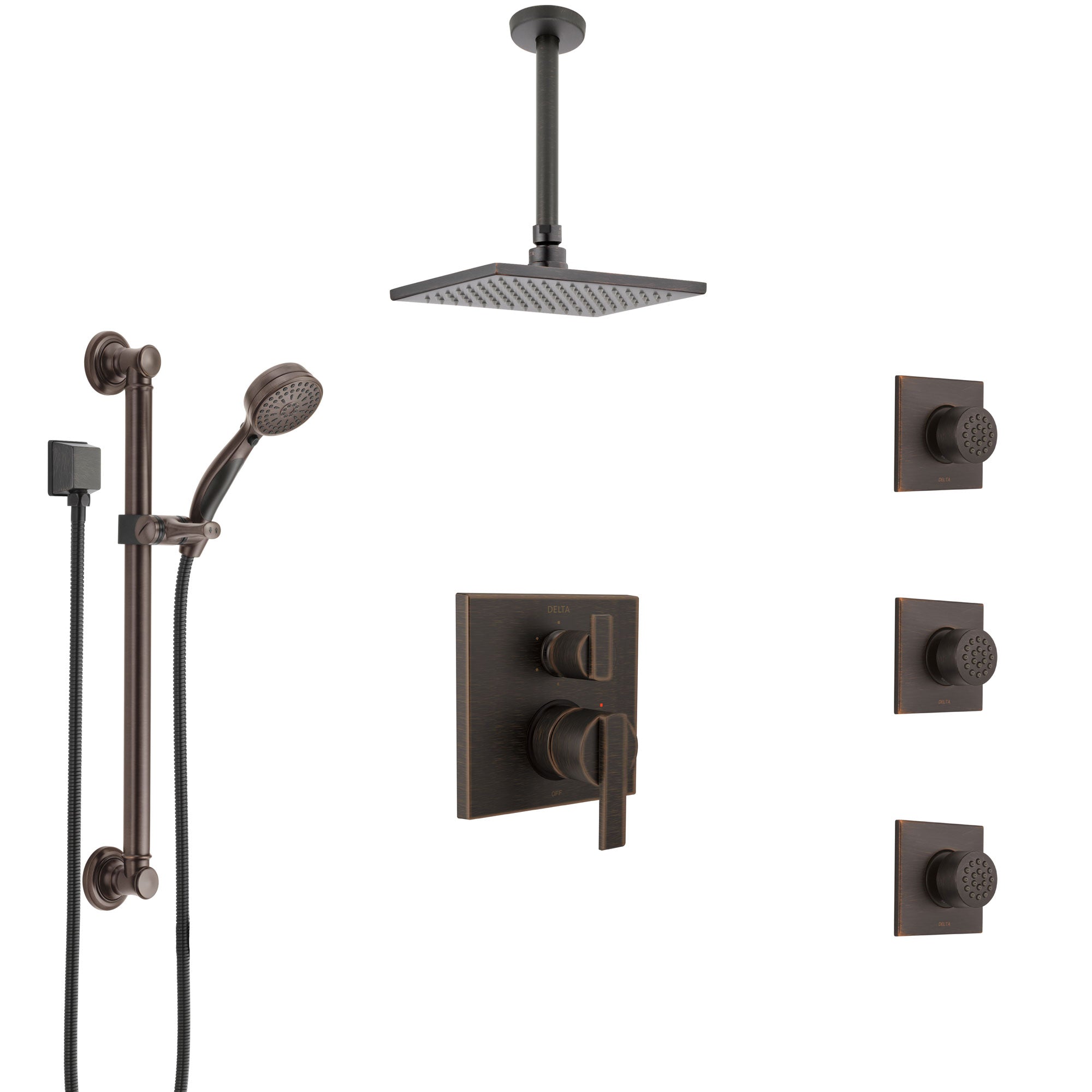 Delta Ara Venetian Bronze Integrated Diverter Shower System Control Handle, Ceiling Showerhead, 3 Body Sprays, and Grab Bar Hand Shower SS24967RB1