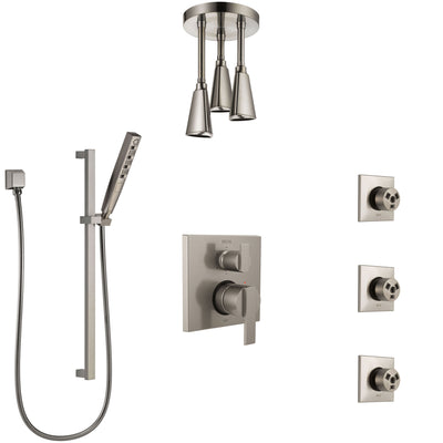 Delta Ara Stainless Steel Finish Integrated Diverter Shower System Control Handle, Ceiling Showerhead, 3 Body Sprays, and Hand Shower SS24967SS11