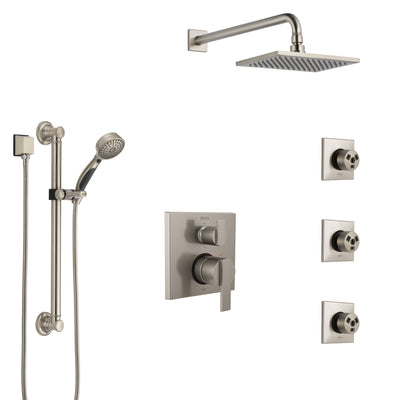 Delta Ara Stainless Steel Finish Integrated Diverter Shower System Control Handle, Showerhead, 3 Body Sprays, and Grab Bar Hand Shower SS24967SS3