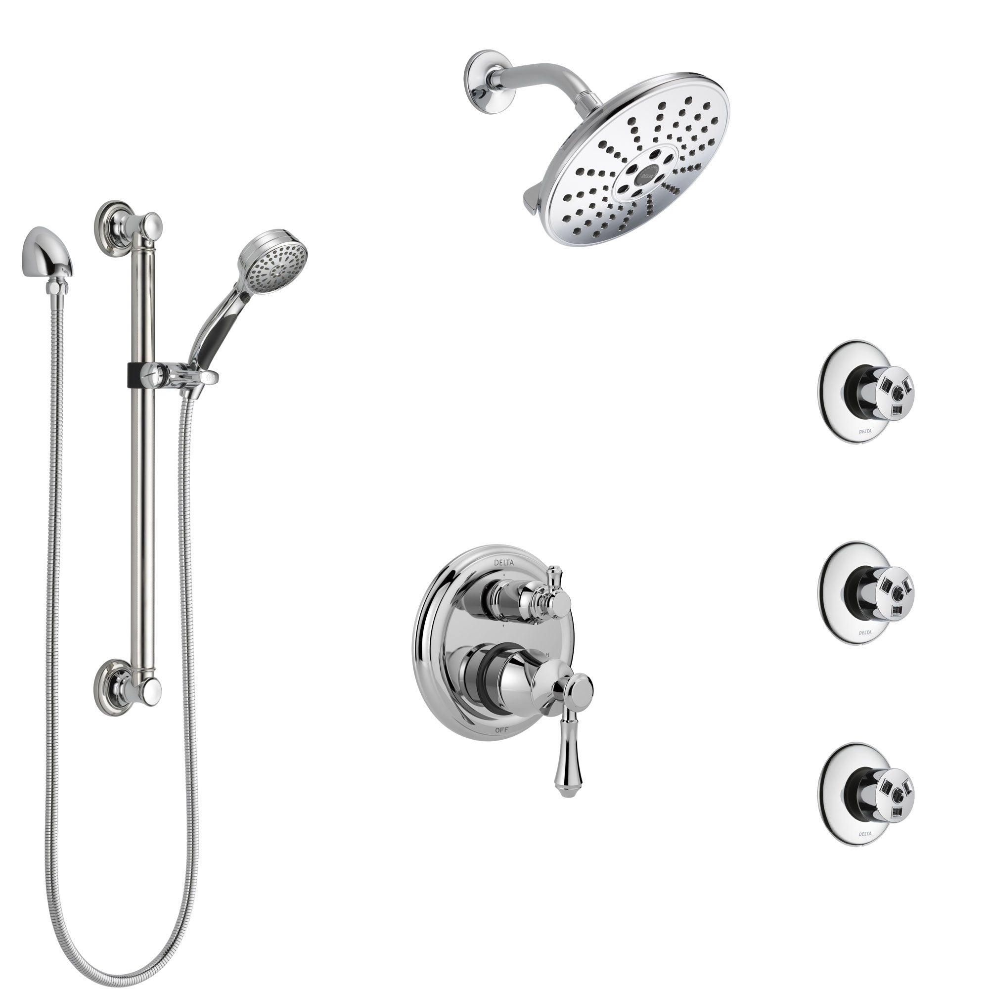 Delta Cassidy Chrome Shower System with Control Handle, Integrated Diverter, Showerhead, 3 Body Sprays, and Hand Shower with Grab Bar SS249976