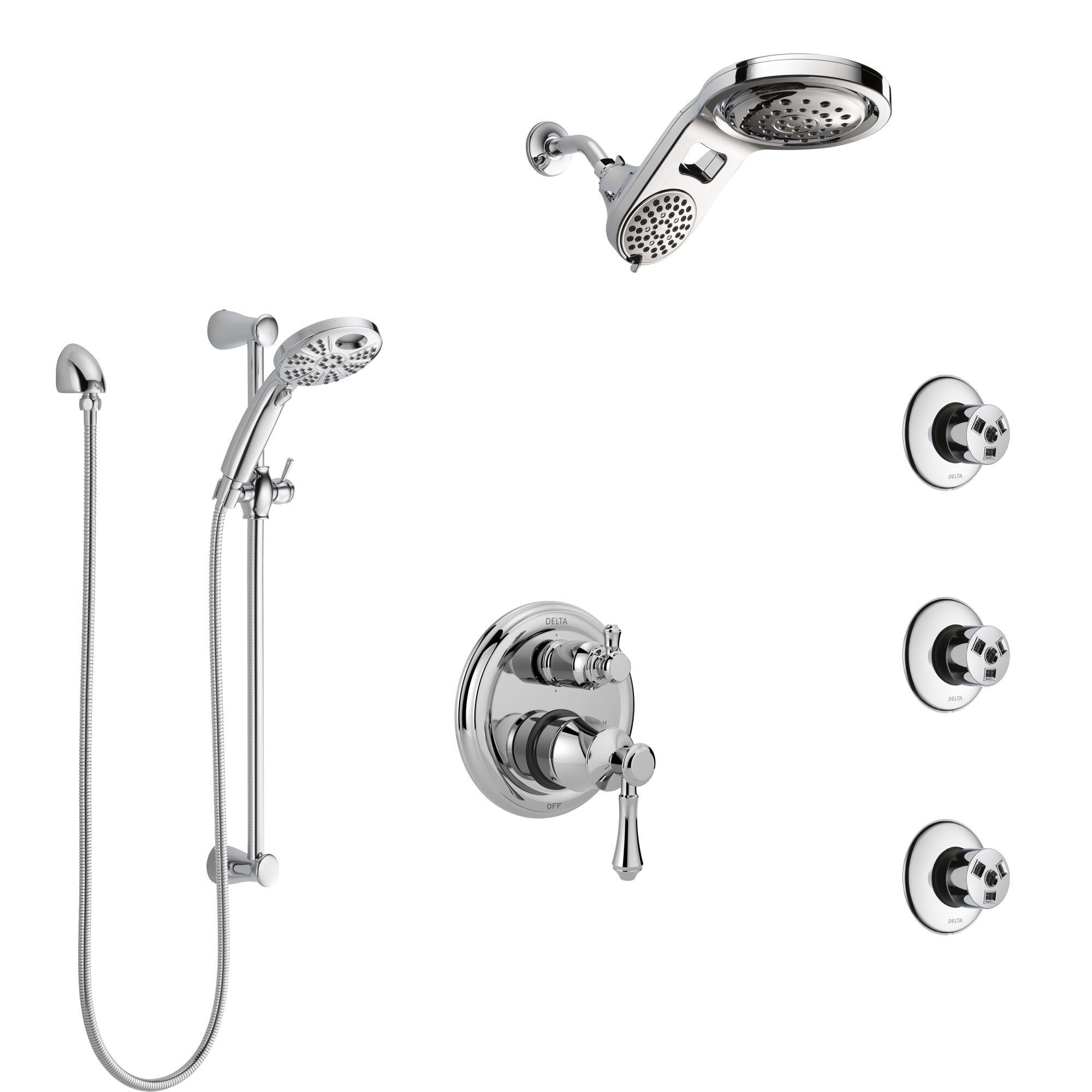 Delta Cassidy Chrome Finish Shower System with Control Handle, Integrated Diverter, Dual Showerhead, 3 Body Sprays, and Temp2O Hand Shower SS249978