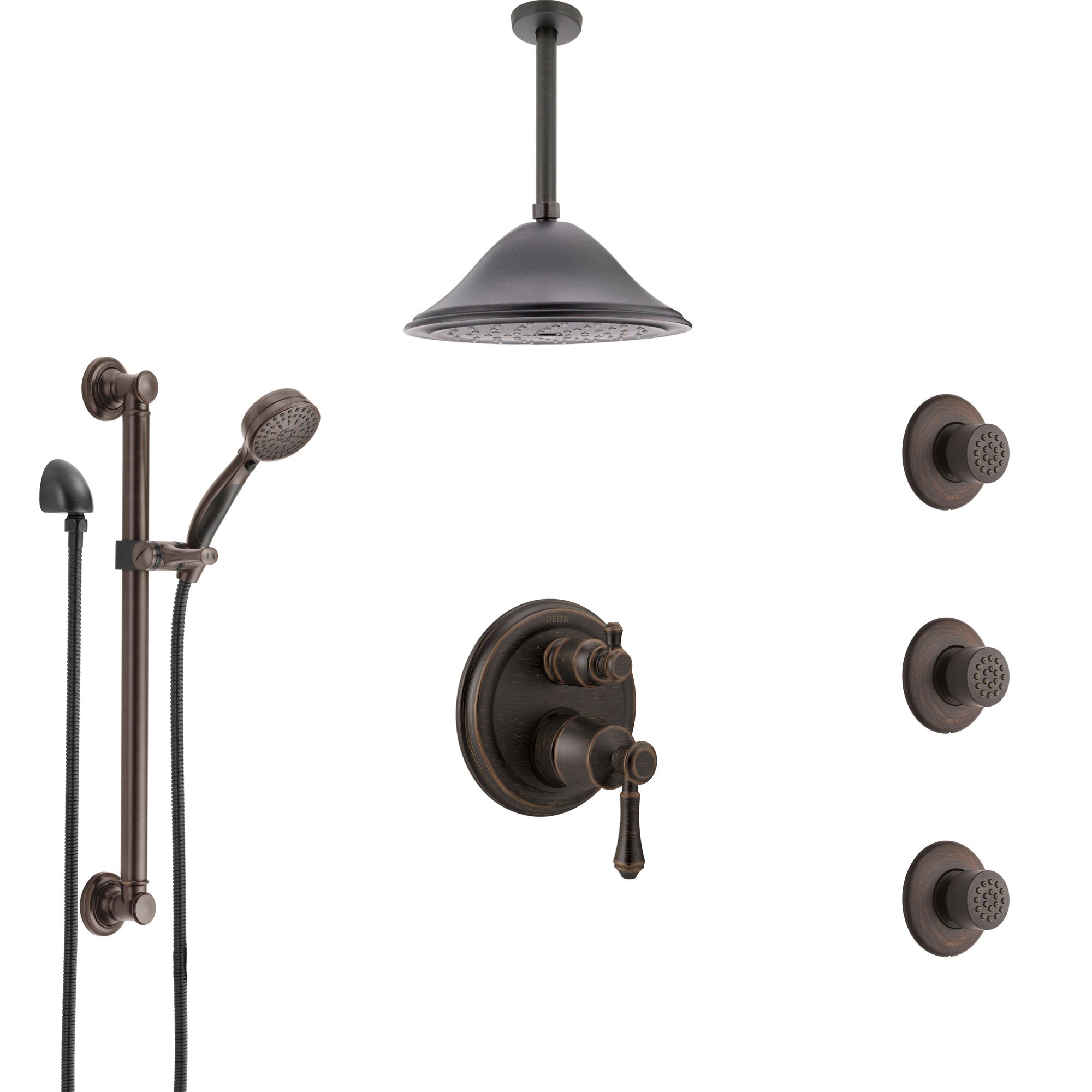 Delta Cassidy Venetian Bronze Integrated Diverter Shower System Control Handle, Ceiling Showerhead, 3 Body Sprays, and Grab Bar Hand Shower SS24997RB8