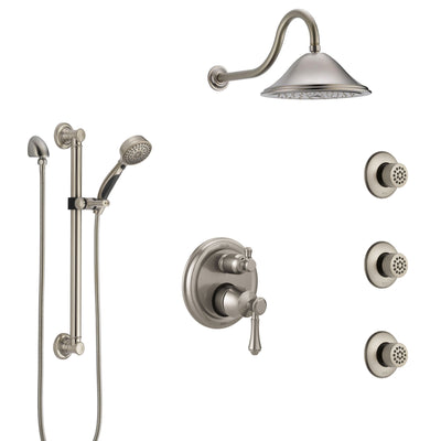 Delta Cassidy Stainless Steel Finish Integrated Diverter Shower System Control Handle, Showerhead, 3 Body Sprays, and Grab Bar Hand Shower SS24997SS12