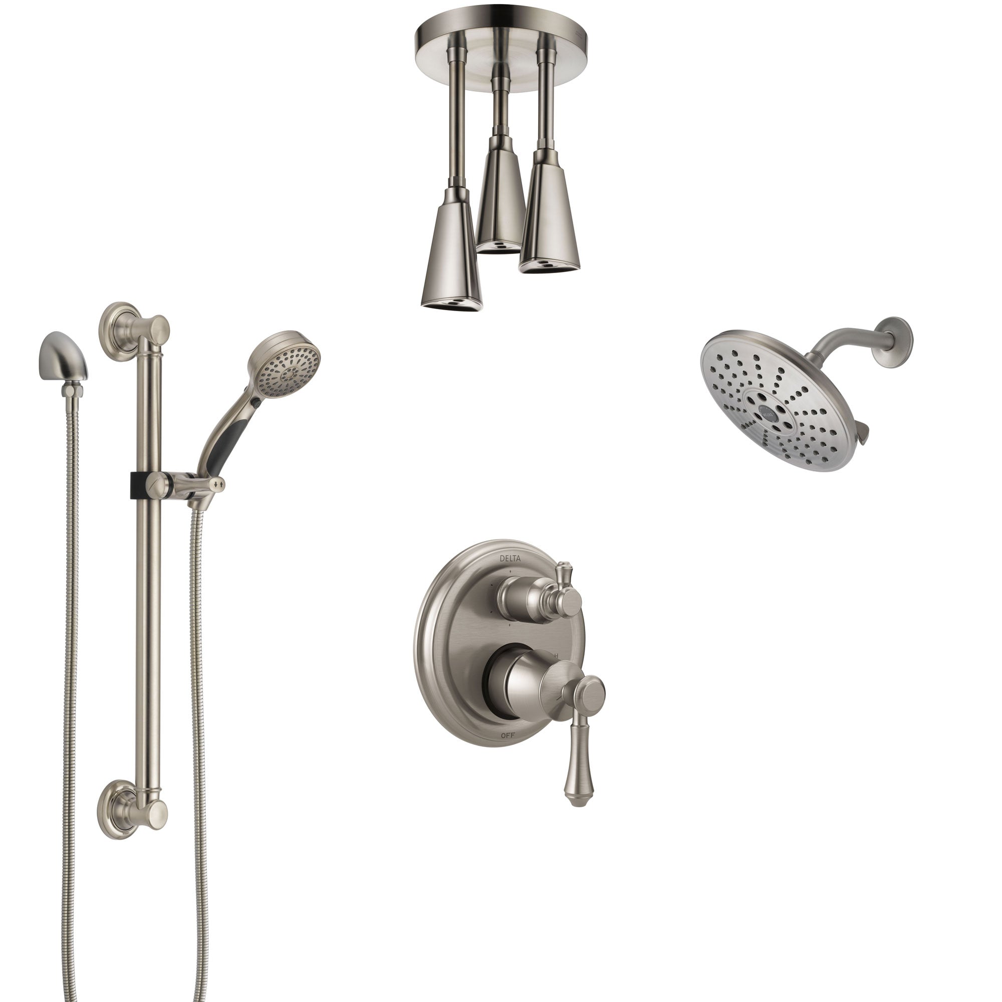 Delta Cassidy Stainless Steel Finish Integrated Diverter Shower System Control Handle, Showerhead, Ceiling Showerhead, Grab Bar Hand Spray SS24997SS7