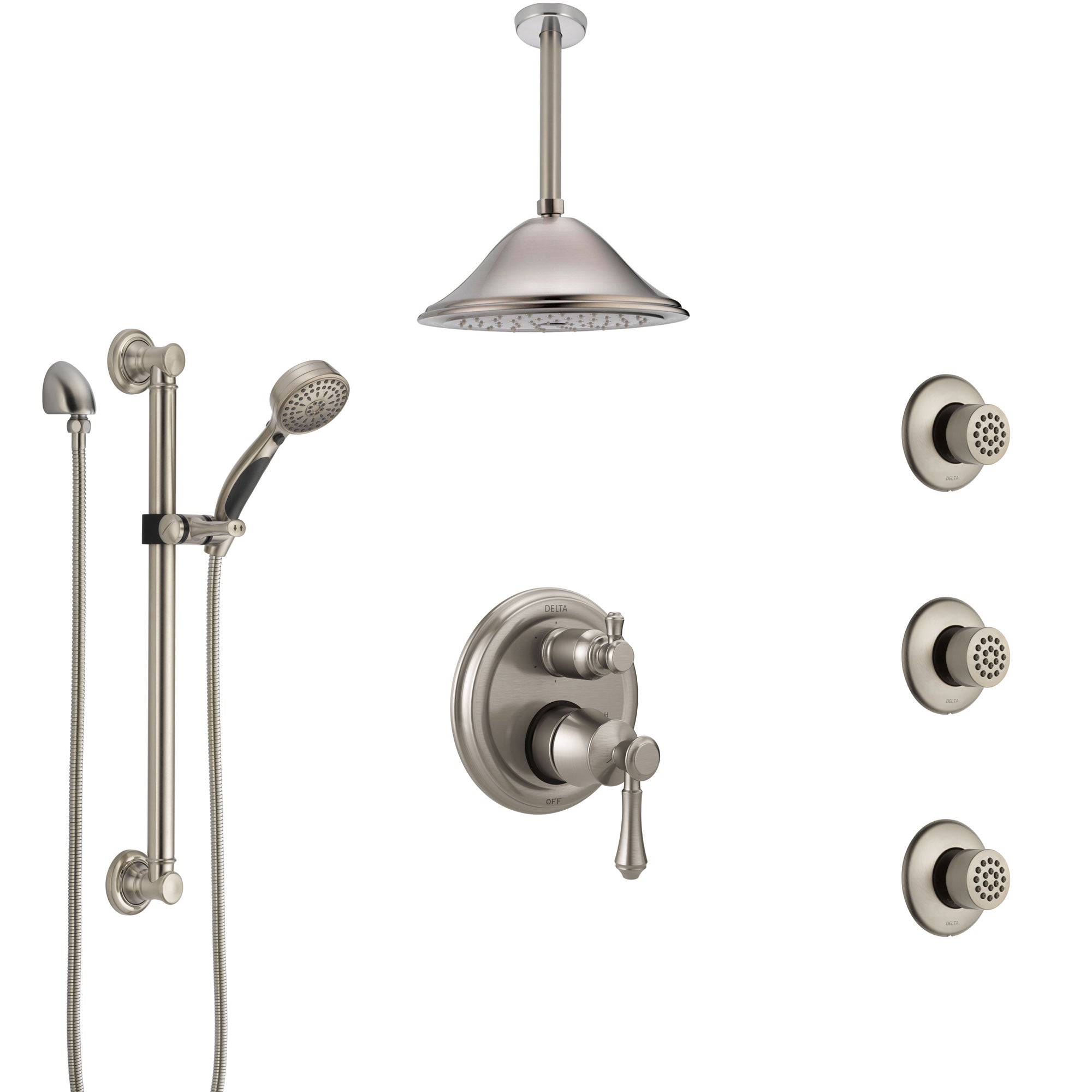 Delta Cassidy Stainless Steel Finish Integrated Diverter Shower System Control Handle, Ceiling Showerhead, 3 Body Jets, Grab Bar Hand Spray SS24997SS9