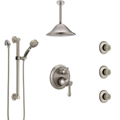 Delta Cassidy Stainless Steel Finish Integrated Diverter Shower System Control Handle, Ceiling Showerhead, 3 Body Jets, Grab Bar Hand Spray SS24997SS9