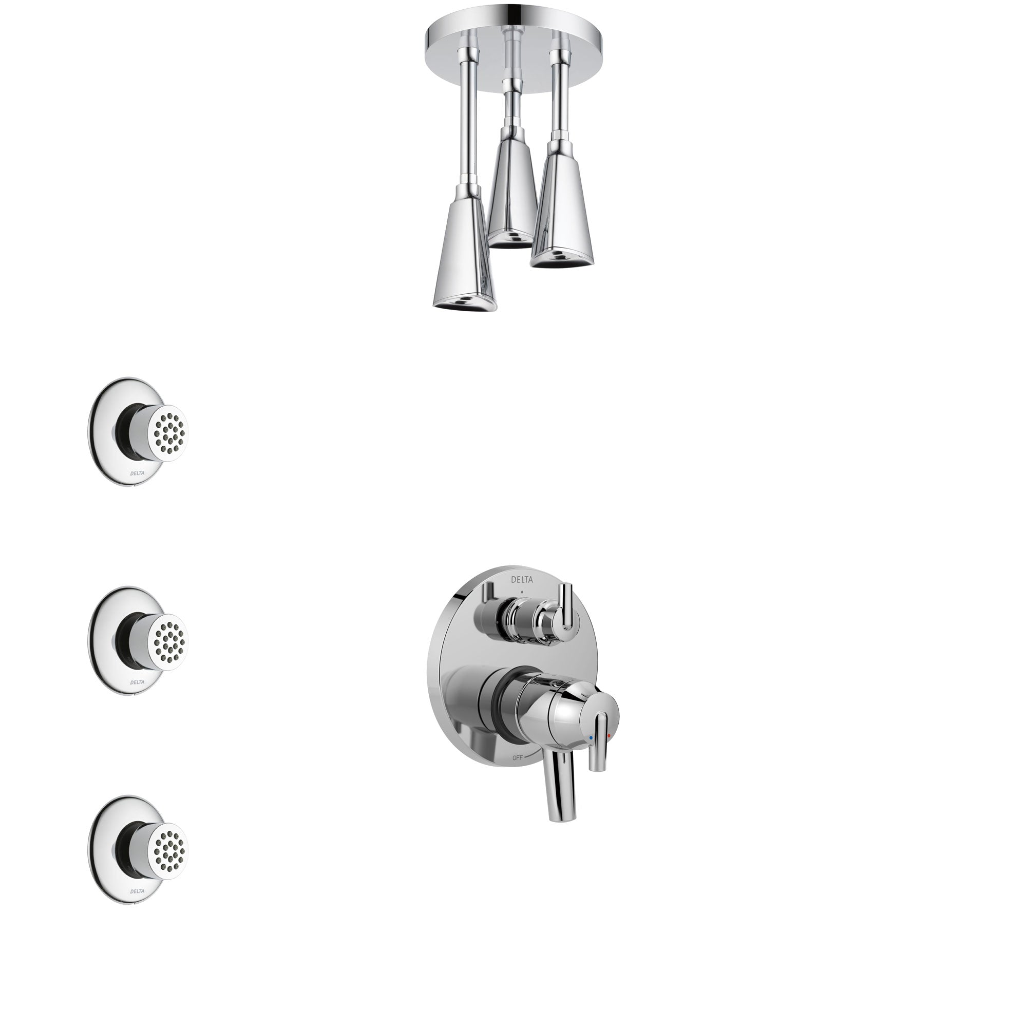 Delta Trinsic Chrome Finish Shower System with Dual Control Handle, Integrated Diverter, Ceiling Mount Showerhead, and 3 Body Sprays SS278594