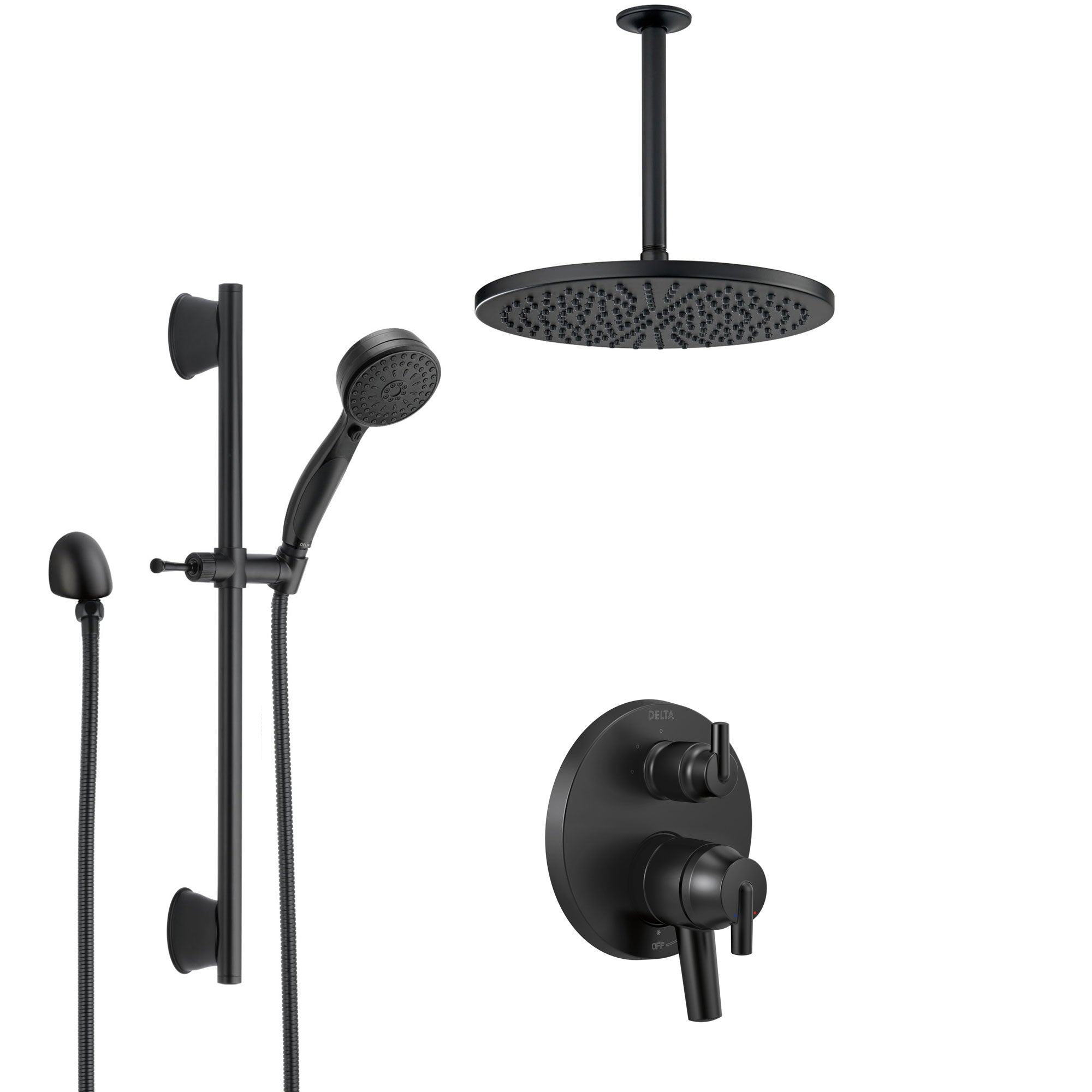 Delta Trinsic Matte Black Finish Modern Shower System with Integrated Diverter, Large Round Ceiling Showerhead, and Slide Bar Hand Spray SS27859BL2