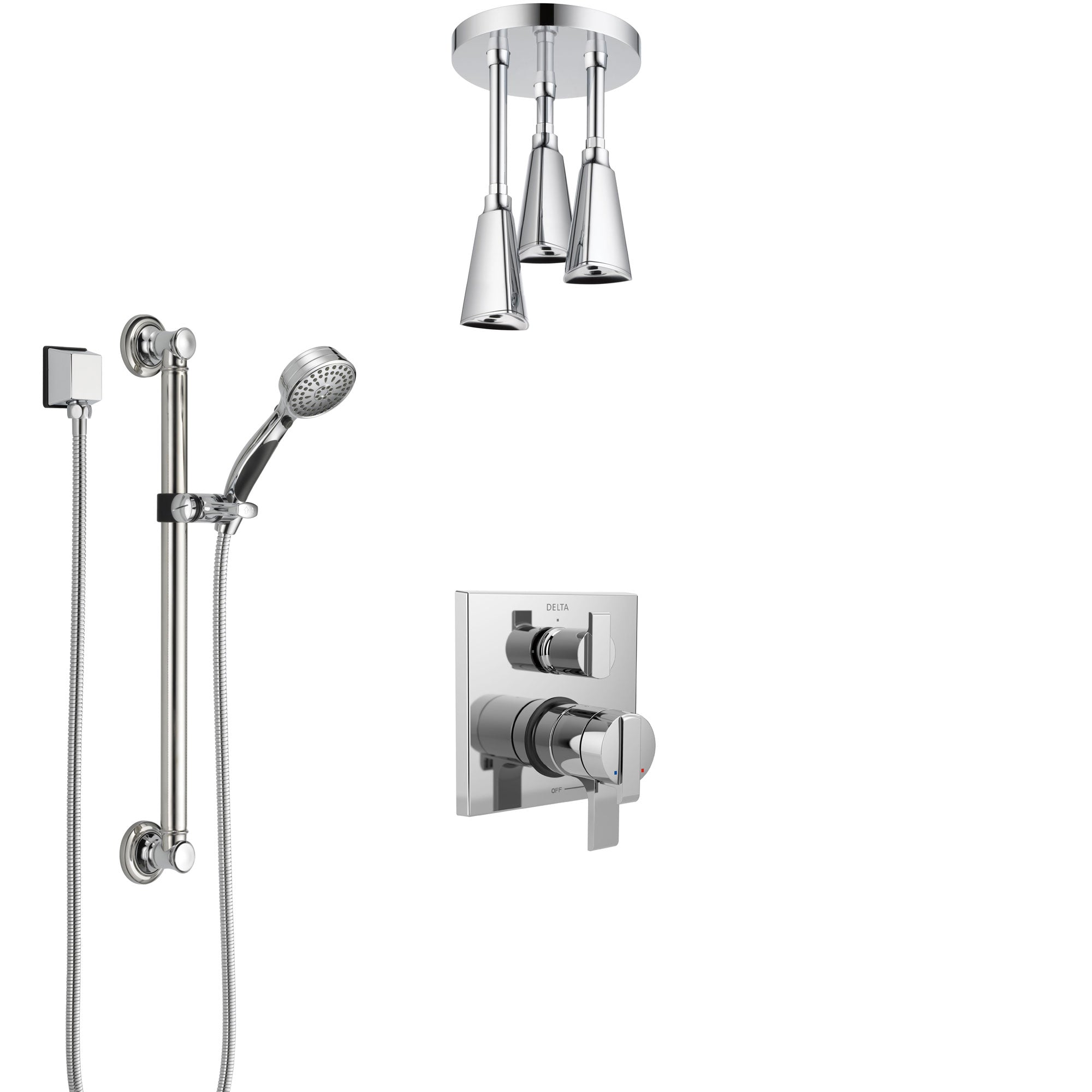 Delta Ara Chrome Finish Shower System with Dual Control Handle, Integrated Diverter, Ceiling Mount Showerhead, and Hand Shower with Grab Bar SS278675