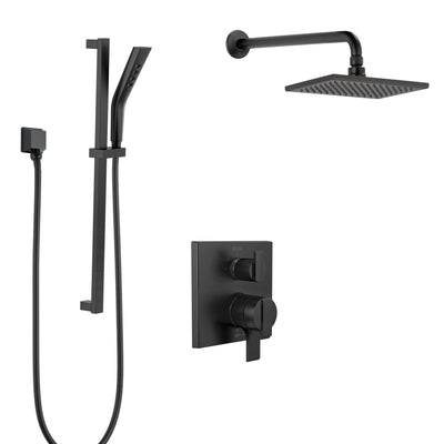 Delta Ara Matte Black Finish Modern Integrated Diverter Shower System with Wall Mount Rain Showerhead and Hand Shower with Slide Bar SS27867BL4