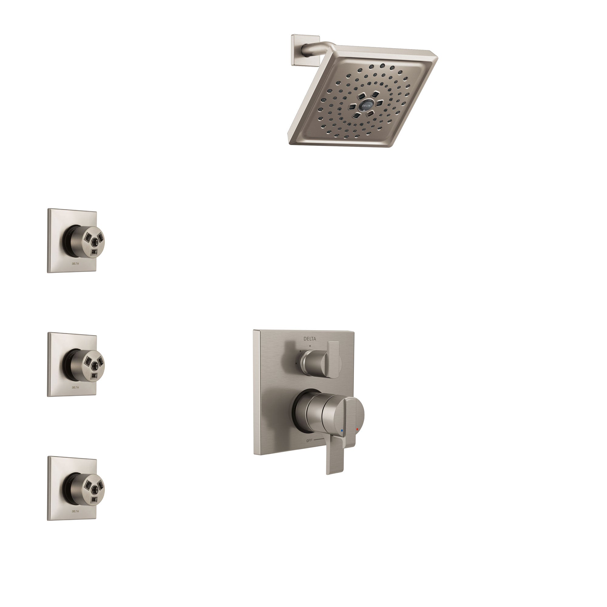 Delta Ara Stainless Steel Finish Shower System with Dual Control Handle, Integrated 3-Setting Diverter, Showerhead, and 3 Body Sprays SS27867SS12