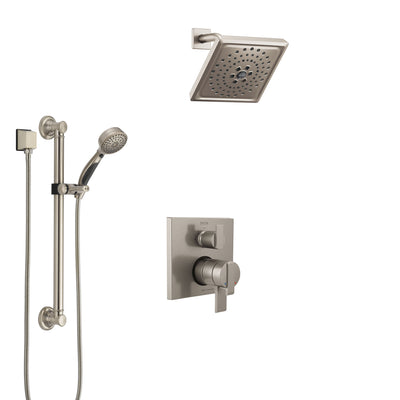 Delta Ara Stainless Steel Finish Shower System with Dual Control Handle, Integrated Diverter, Showerhead, and Hand Shower with Grab Bar SS27867SS4