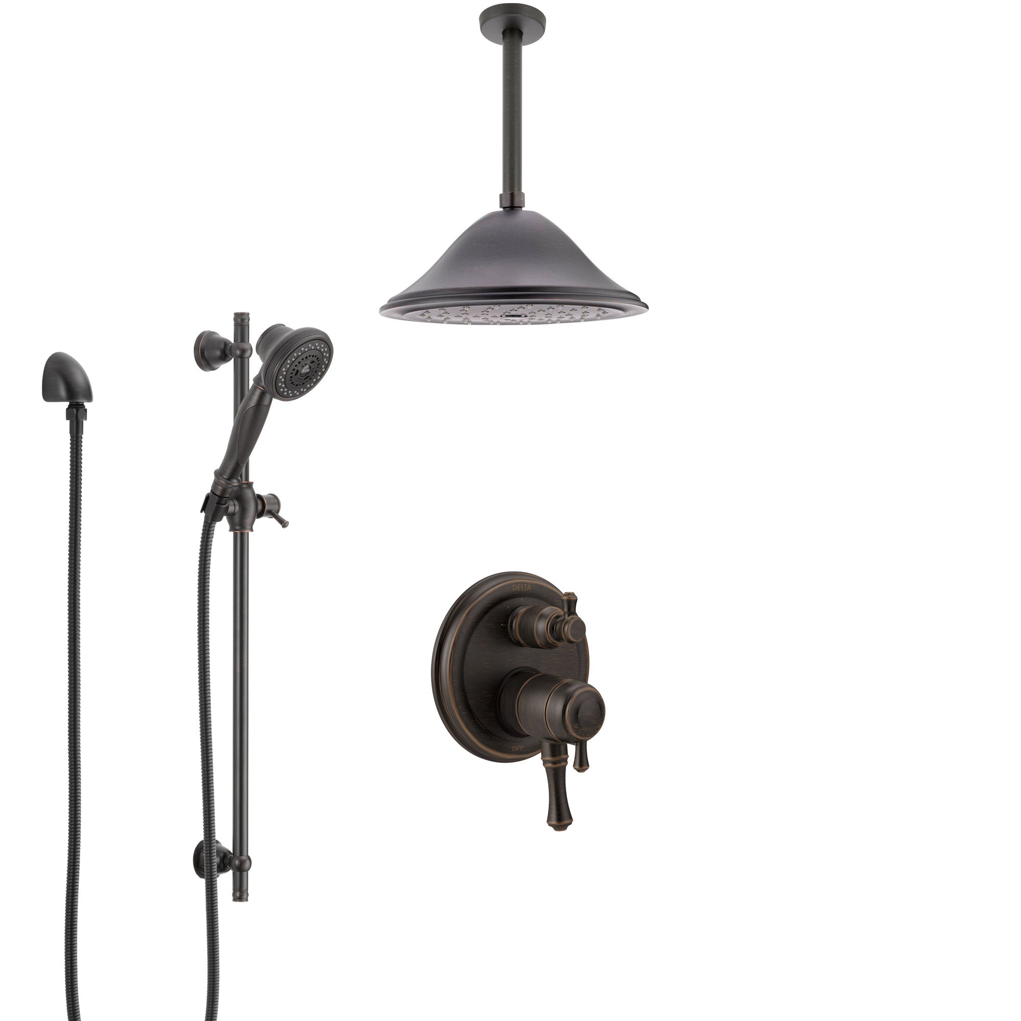 Delta Cassidy Venetian Bronze Shower System with Dual Control Handle, Integrated Diverter, Ceiling Mount Showerhead, and Hand Shower SS27897RB7