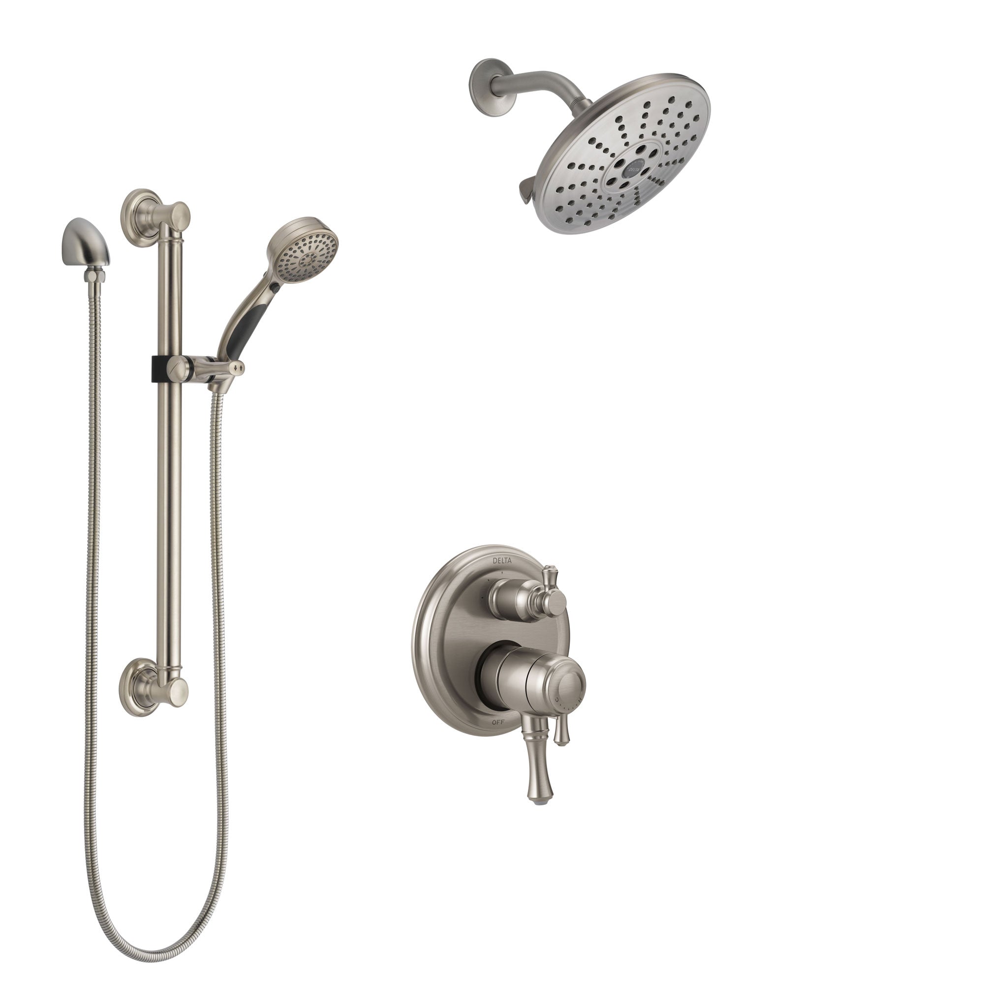 Delta Cassidy Dual Control Handle Stainless Steel Finish Shower System, Integrated Diverter, Showerhead, and Hand Shower with Grab Bar SS27897SS12