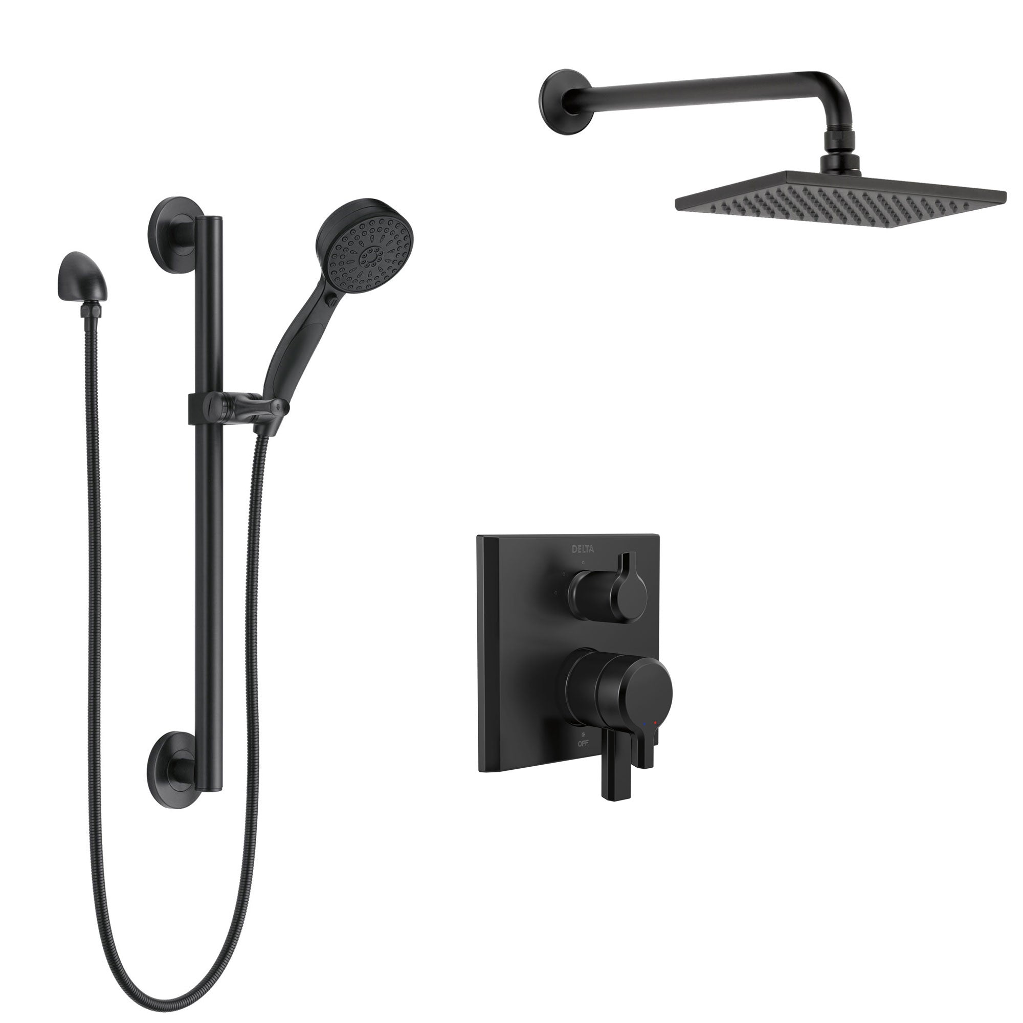 Delta Pivotal Matte Black Finish Modern Integrated Diverter Shower System with Wall Mounted Rain Showerhead and Grab Bar Hand Sprayer SS27899BL3