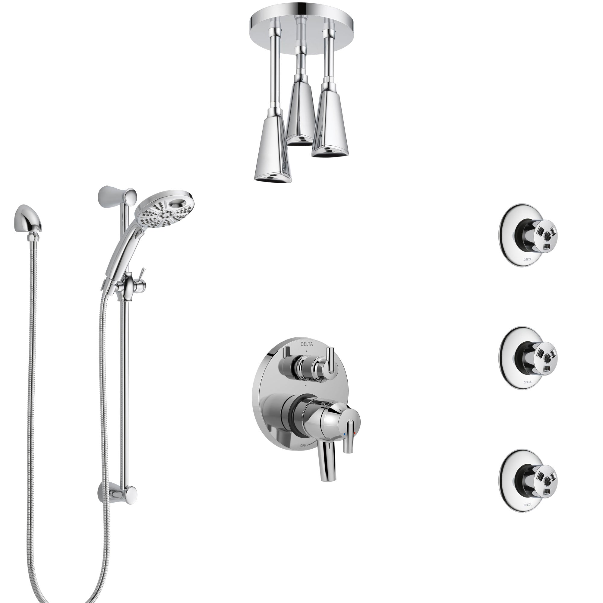 Delta Trinsic Chrome Dual Control Handle Shower System, Integrated Diverter, Ceiling Mount Showerhead, 3 Body Sprays, and Temp2O Hand Shower SS279595