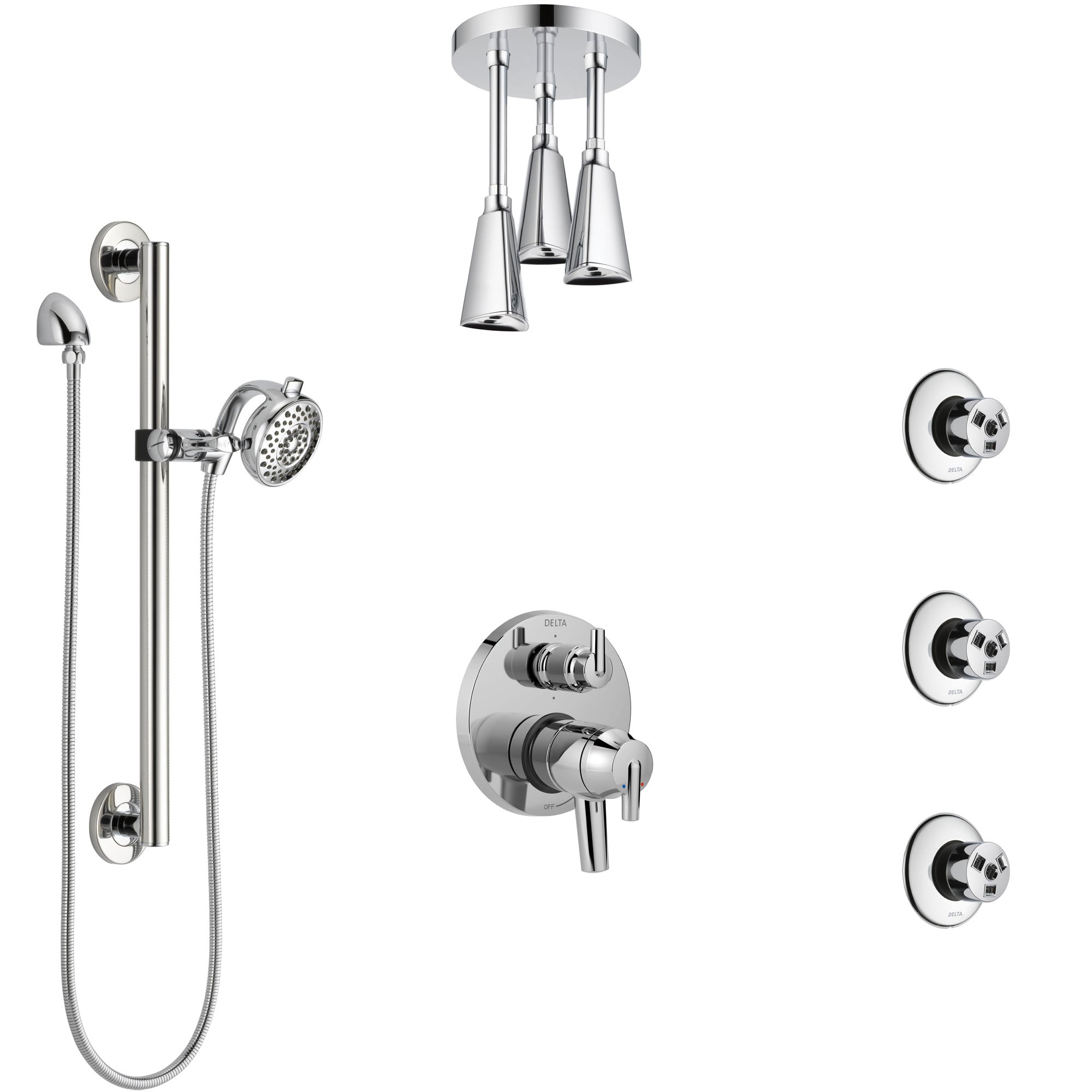 Delta Trinsic Chrome Shower System with Dual Control Handle, Integrated Diverter, Ceiling Showerhead, 3 Body Sprays, and Grab Bar Hand Shower SS279596