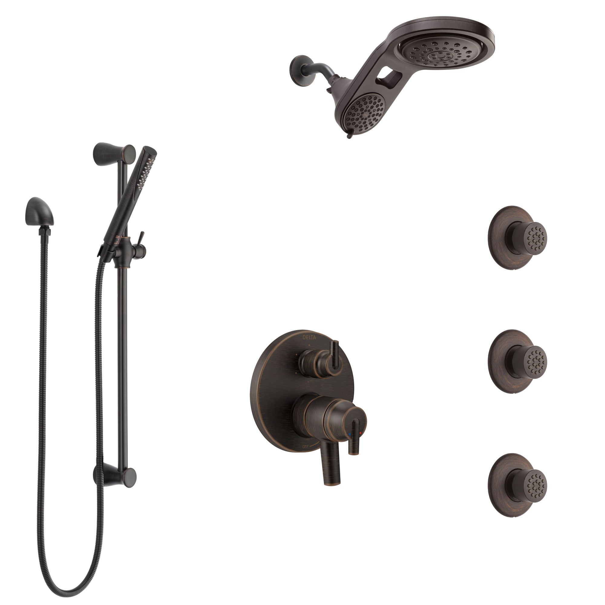 Delta Trinsic Venetian Bronze Shower System with Dual Control Handle, Integrated Diverter, Dual Showerhead, 3 Body Sprays, and Hand Shower SS27959RB10