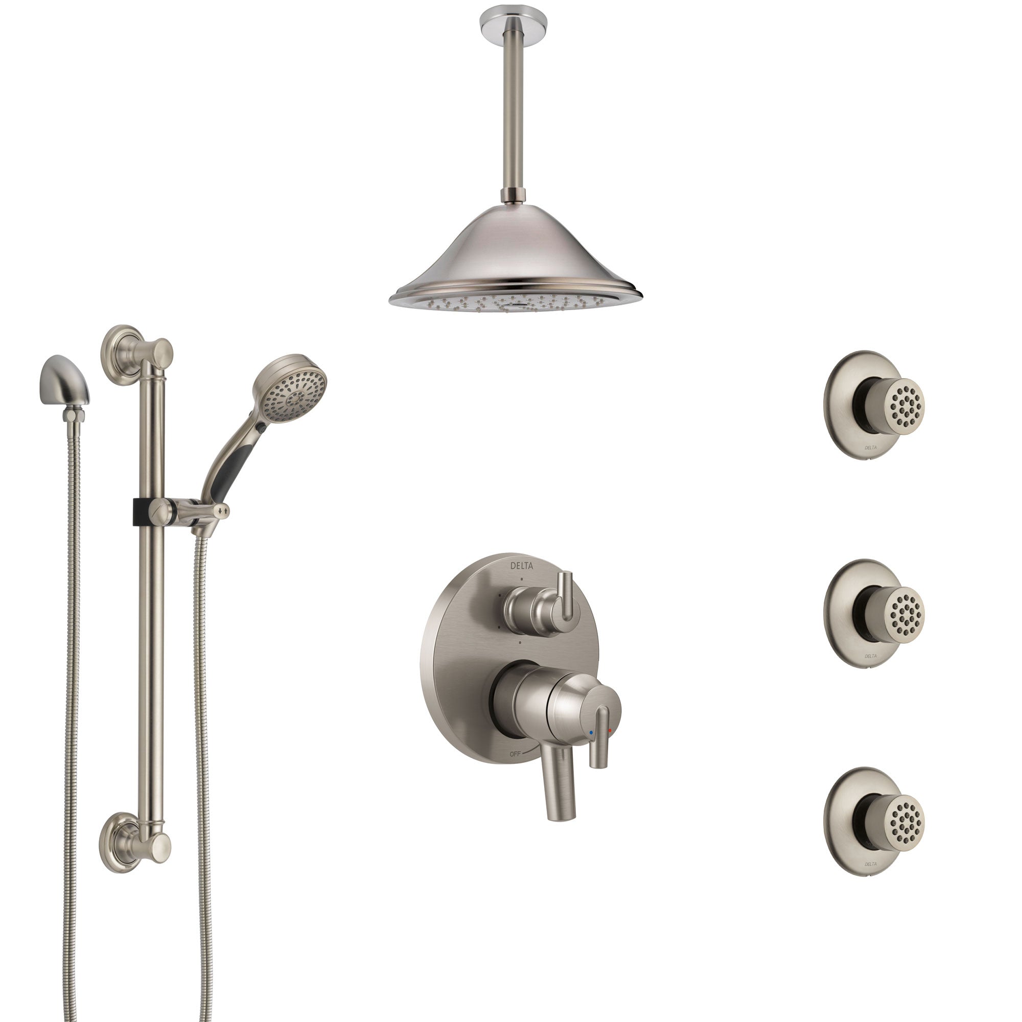 Delta Trinsic Dual Control Handle Stainless Steel Finish Shower System, Ceiling Showerhead, 3 Body Jets, Grab Bar Hand Spray SS27959SS6