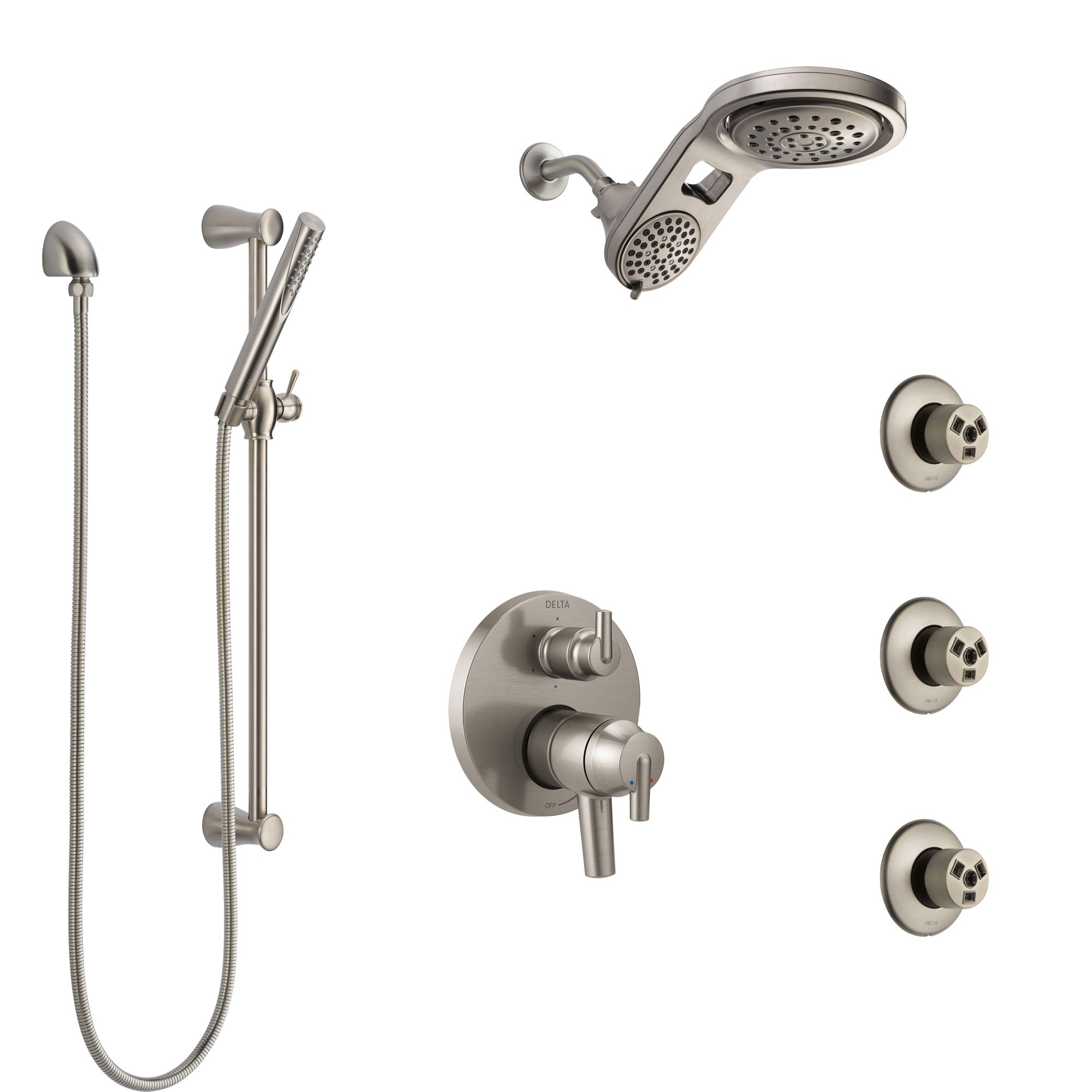 Delta Trinsic Dual Control Handle Stainless Steel Finish Integrated Diverter Shower System, Dual Showerhead, 3 Body Sprays, and Hand Shower SS27959SS9