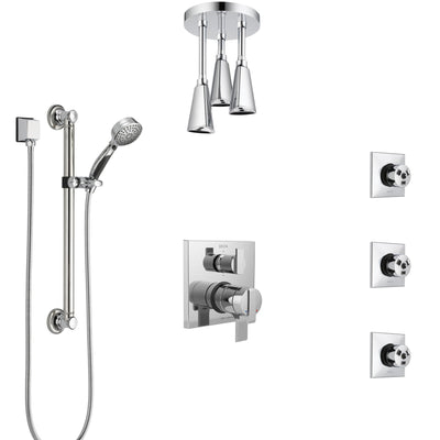 Delta Ara Chrome Shower System with Dual Control Handle, Integrated Diverter, Ceiling Showerhead, 3 Body Sprays, and Grab Bar Hand Shower SS279675