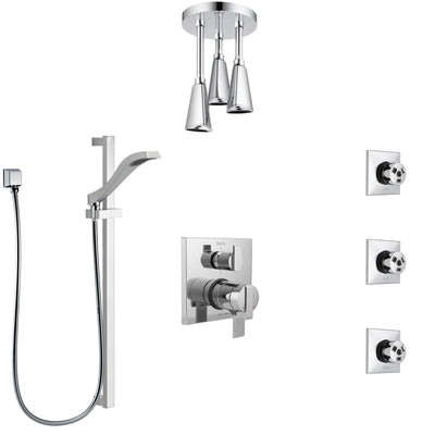 Delta Ara Chrome Shower System with Dual Control Handle, Integrated Diverter, Ceiling Mount Showerhead, 3 Body Sprays, and Hand Shower SS279676