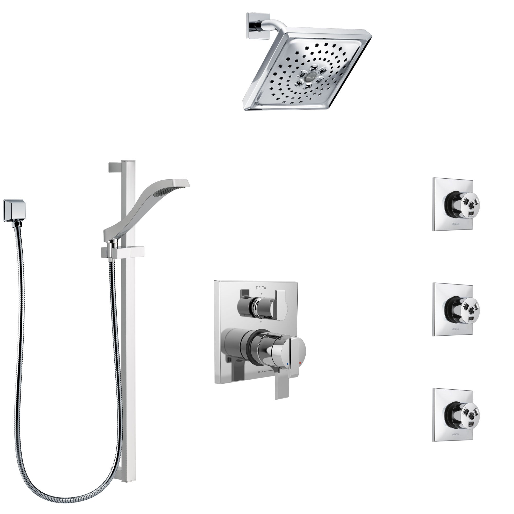 Delta Ara Chrome Finish Shower System with Dual Control Handle, Integrated 6-Setting Diverter, Showerhead, 3 Body Sprays, and Hand Shower SS279677