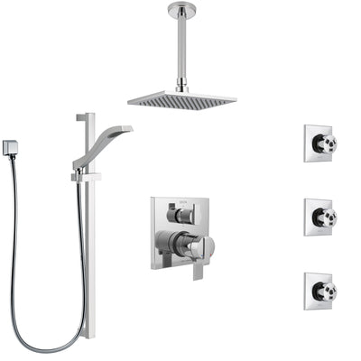 Delta Ara Chrome Shower System with Dual Control Handle, Integrated Diverter, Ceiling Mount Showerhead, 3 Body Sprays, and Hand Shower SS279678