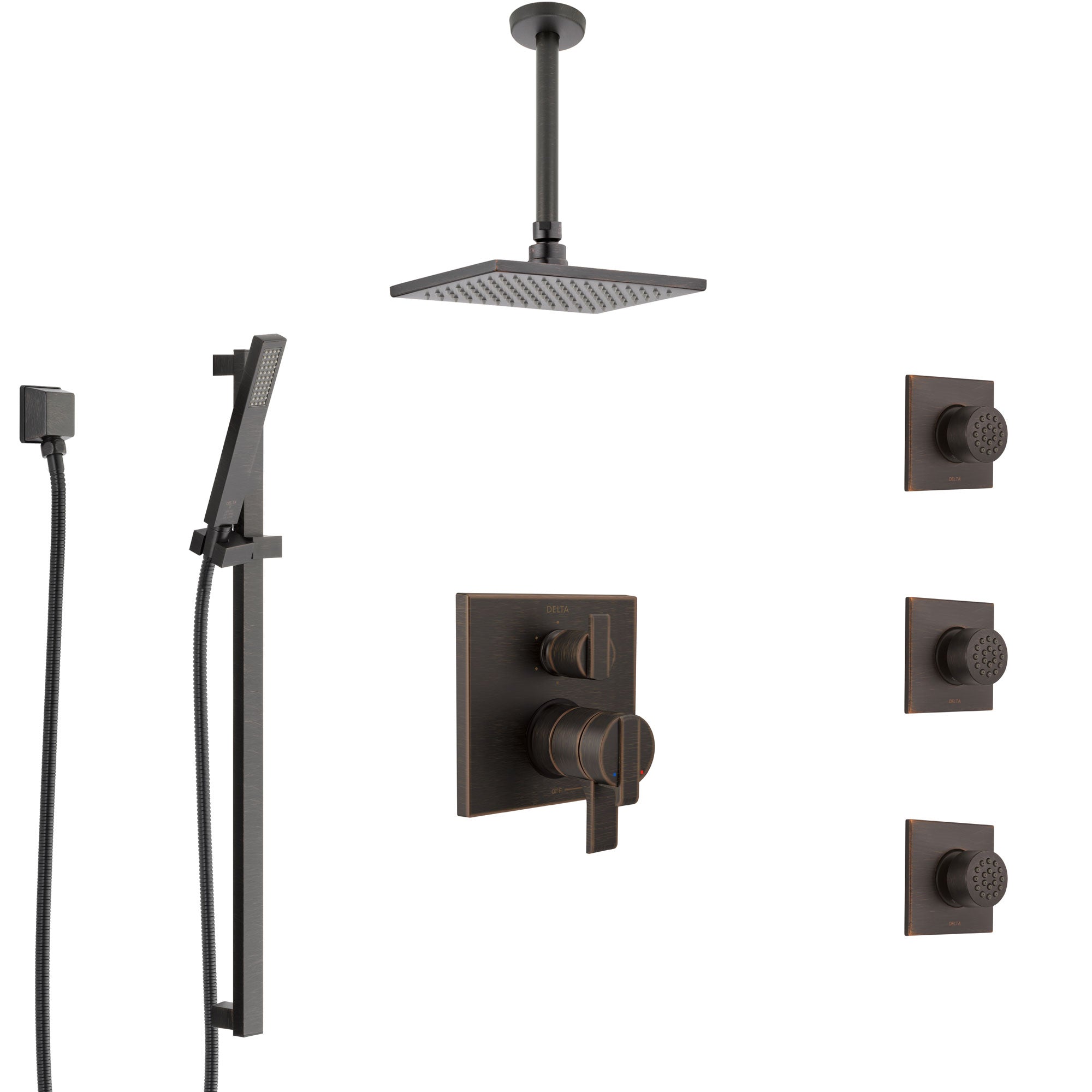 Delta Ara Venetian Bronze Shower System with Dual Control Handle, Integrated Diverter, Ceiling Showerhead, 3 Body Sprays, and Hand Shower SS27967RB4