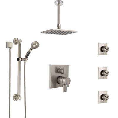 Delta Ara Dual Control Handle Stainless Steel Finish Shower System, Ceiling Showerhead, 3 Body Jets, Grab Bar Hand Spray SS27967SS2