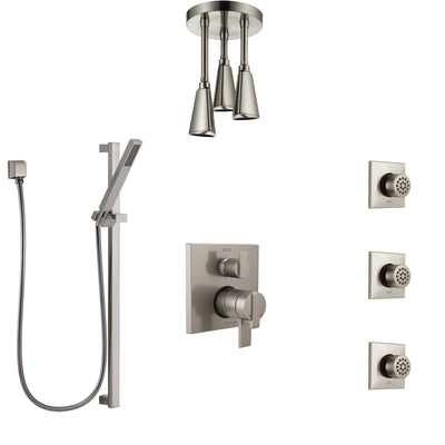 Delta Ara Dual Control Handle Stainless Steel Finish Shower System, Integrated Diverter, Ceiling Showerhead, 3 Body Sprays, and Hand Shower SS27967SS7