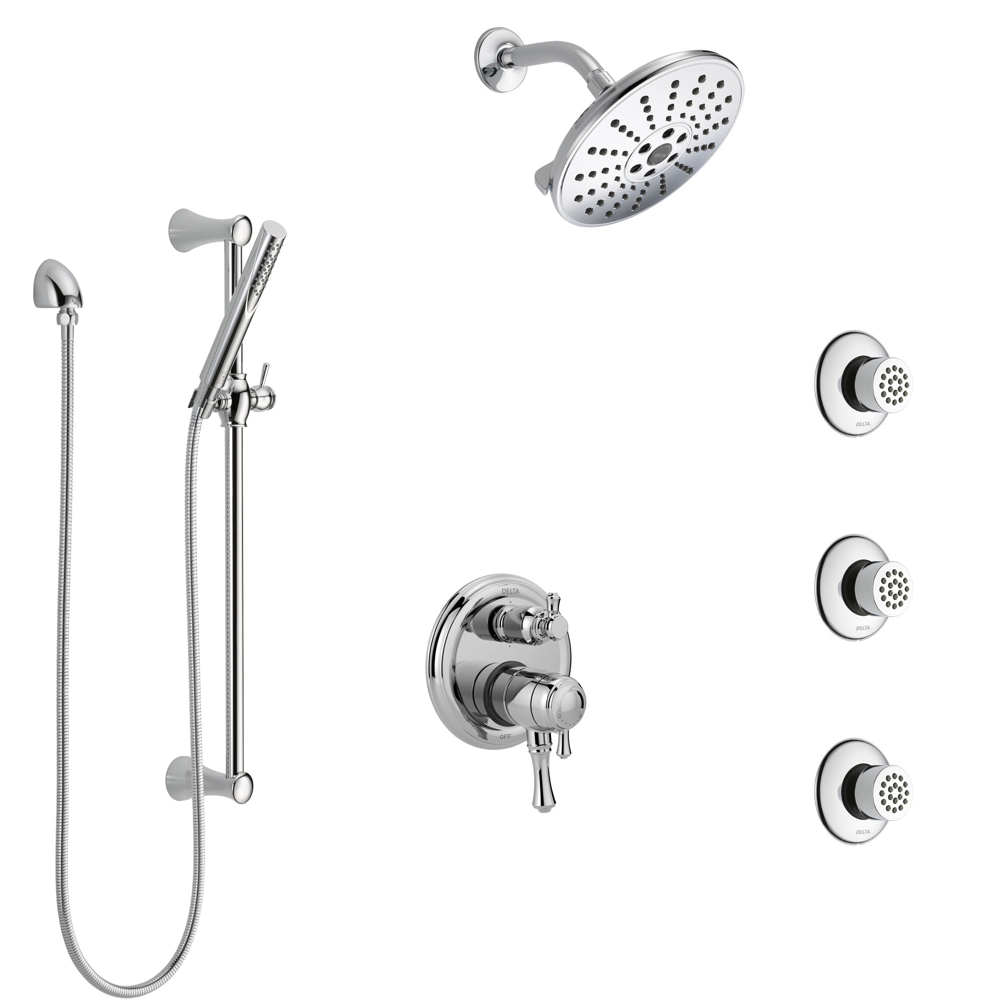 Delta Cassidy Chrome Finish Shower System with Dual Control Handle, Integrated 6-Setting Diverter, Showerhead, 3 Body Sprays, and Hand Shower SS279974